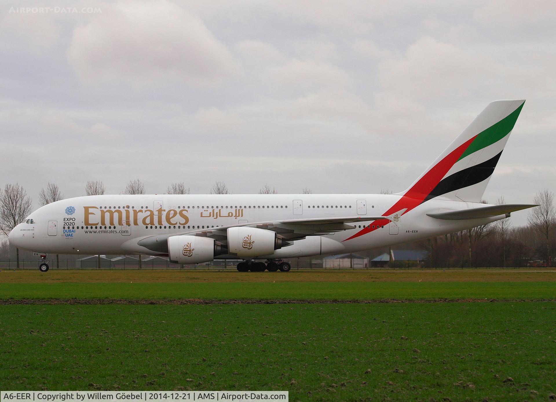 A6-EER, 2013 Airbus A380-861 C/N 139, Taxi from runway 18R to the gate of Schiphol Airport
