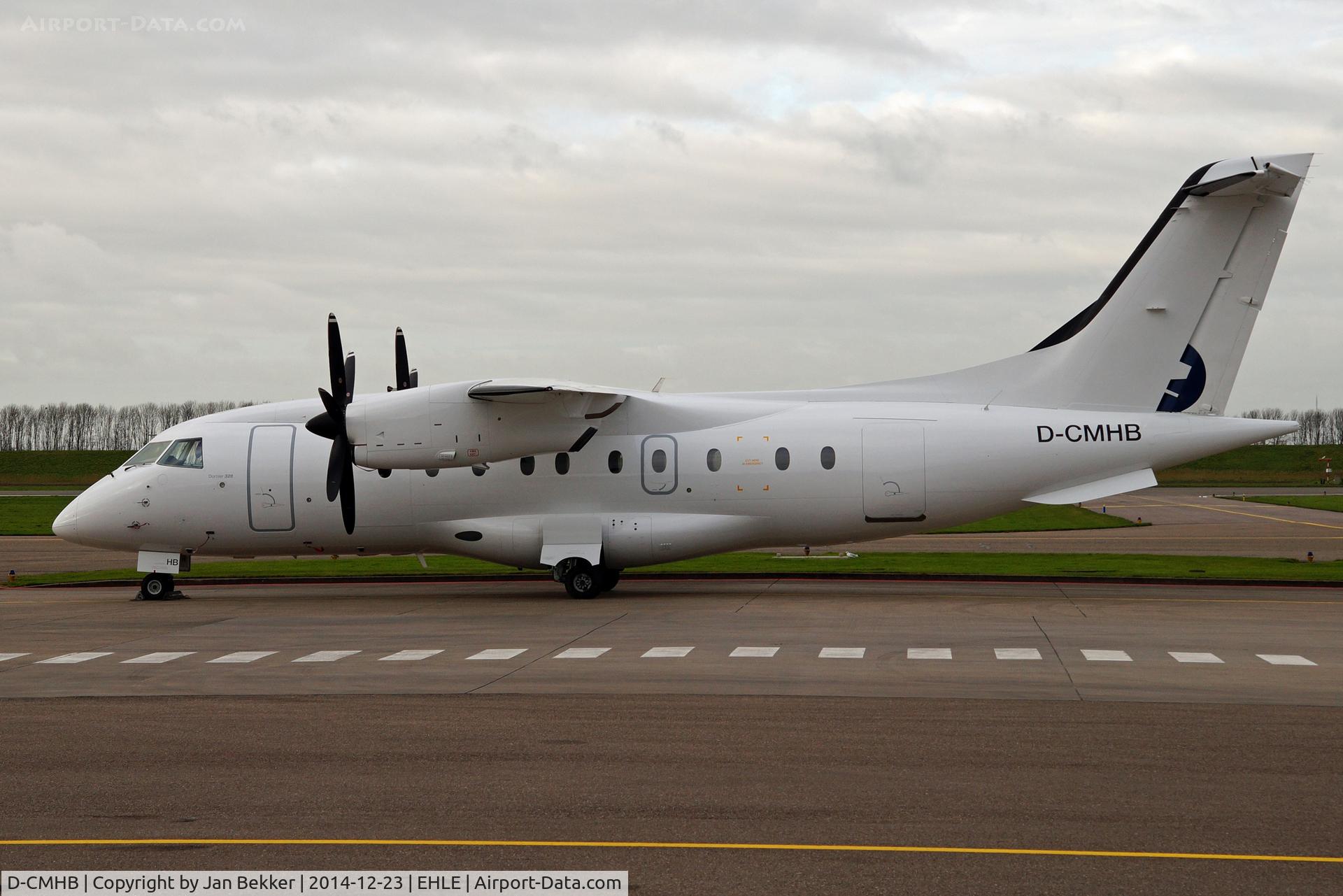 D-CMHB, 2001 Dornier 328-100 C/N 3110, Lelystad Airport. After a visit to QAPS. The aircraft came out nearly totally white (except the rudder that shows a part of the former livery of Air Alps. The former registration is OE-LKA so the c/n is probably 3110
