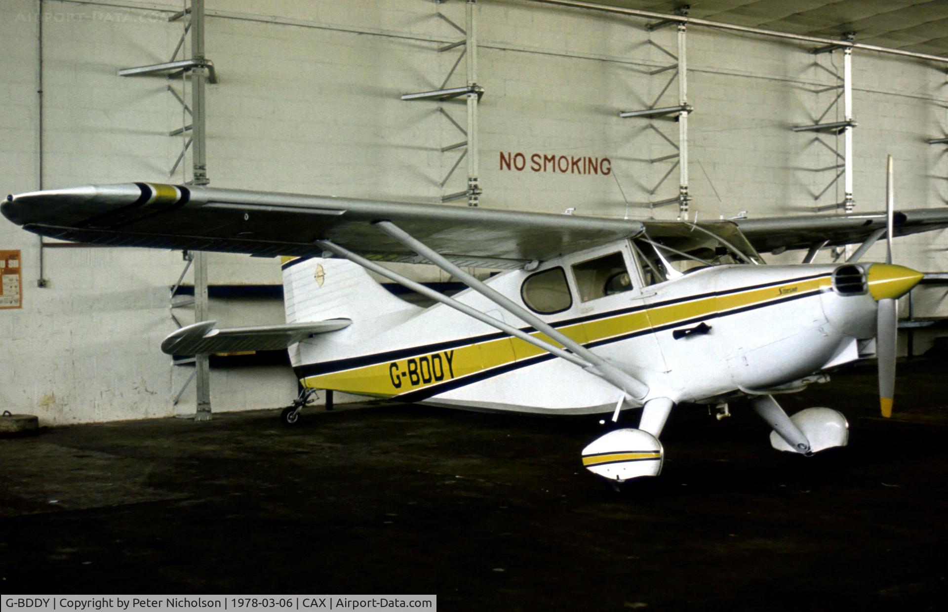 G-BDDY, 1948 Stinson 108-3 Voyager C/N 108-3-4267, Stinson 108-3 Voyager hangered at Carlisle in the Spring of 1978.