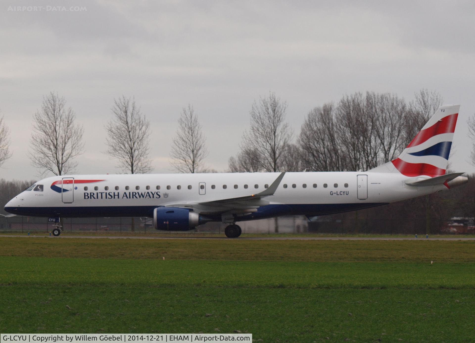 G-LCYU, 2014 Embraer 190SR (ERJ-190-100SR) C/N 19000674, Taxi from runway 18R to the gate of Schiphol Airport