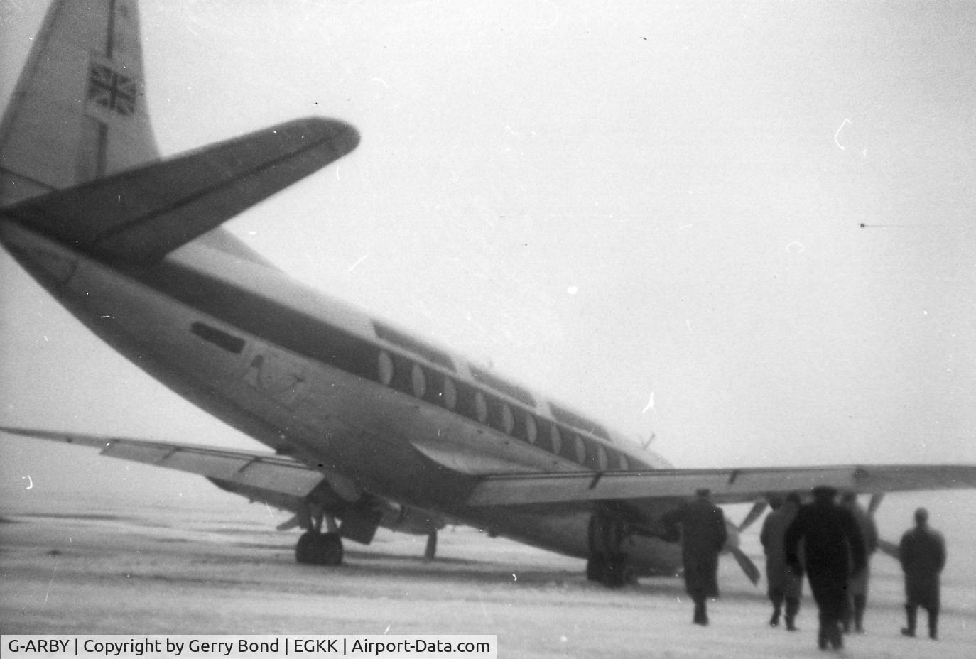 G-ARBY, 1953 Vickers Viscount 708 C/N 10, This accident happened landing in fog at night. It's possible that the snowbanks obscured the runway lighting and the landing took place on the grass beside the concrete. British United were quick to remove all identity before first light. Feb/Mar 1963