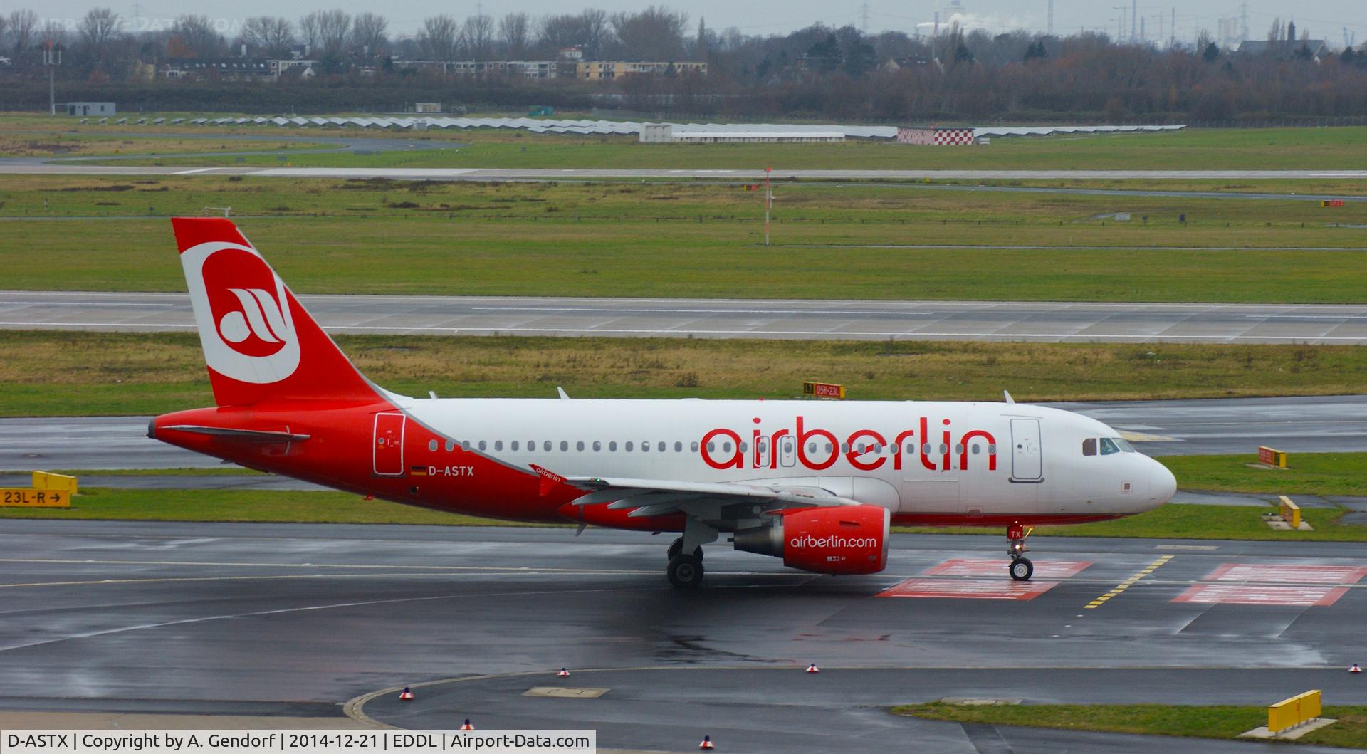 D-ASTX, 2007 Airbus A319-111 C/N 3202, Air Berlin, is here on the taxiway at Düsseldorf Int'l(EDDL)