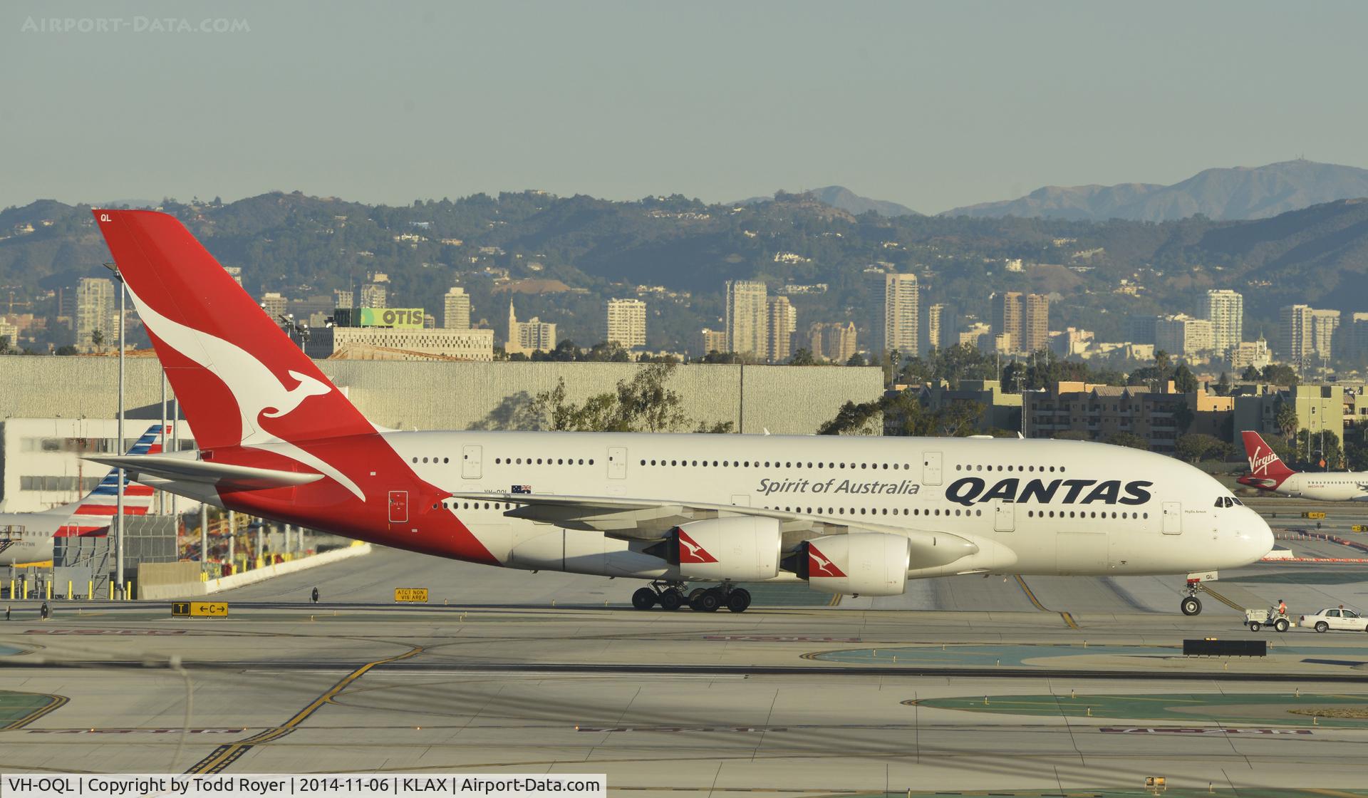VH-OQL, 2011 Airbus A380-842 C/N 074, Taxiing to gate at LAX