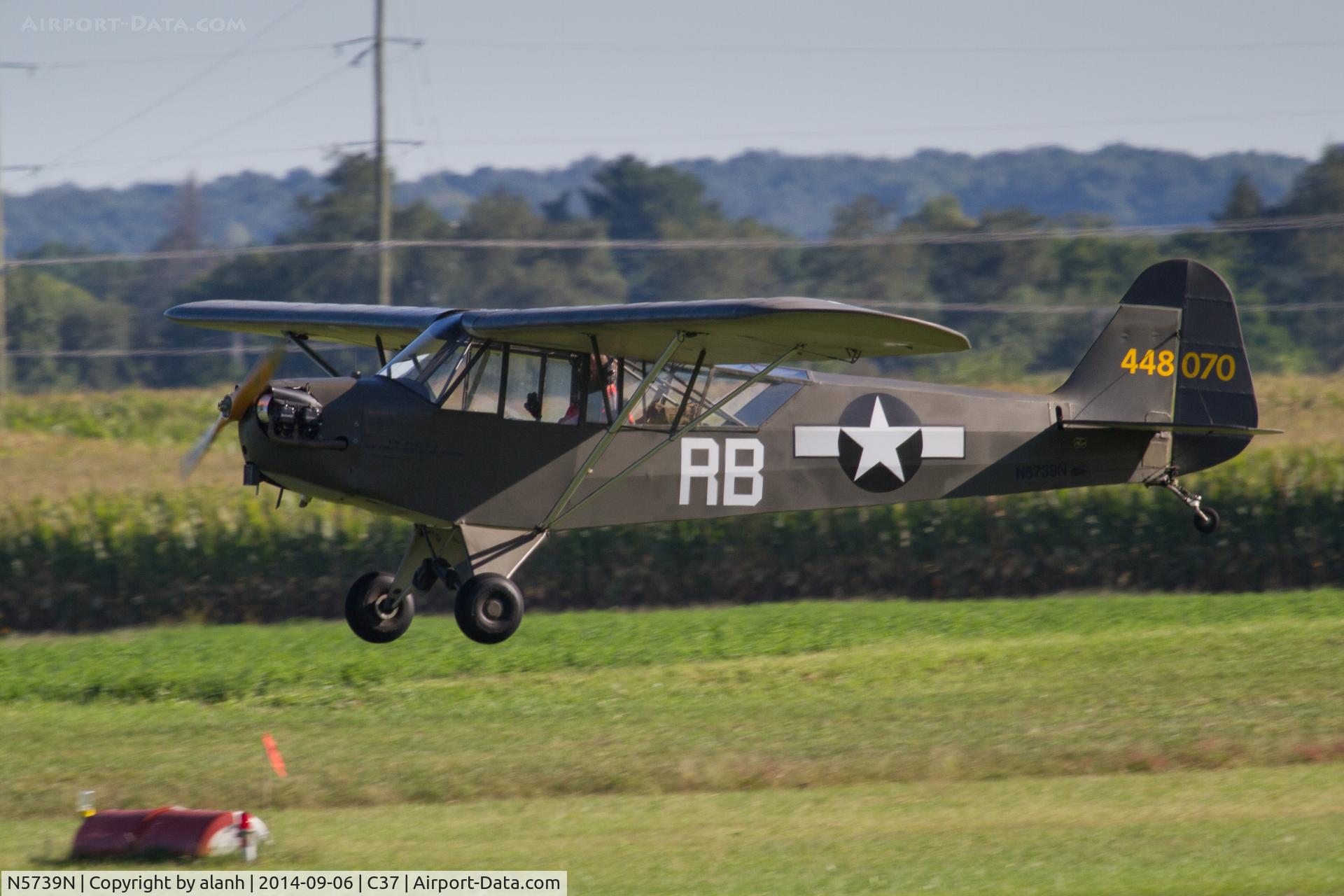 N5739N, 1944 Piper J3C-65 Cub C/N 13066, arriving at Brodhead