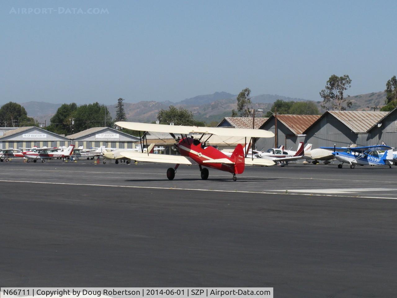 N66711, 1941 Boeing IB75A C/N 75-1675, 1941 Boeing IB75A, Jacobs R755B2 275 Hp upgrade, landing roll Rwy 22