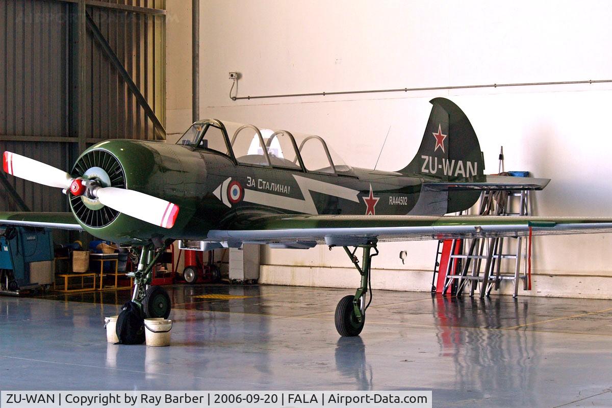 ZU-WAN, 1994 Yakovlev (Aerostar) Yak-52 C/N 9411711, Yakovlev Yak-52 [9411711] Lanseria~ZS 20/09/2006. Also wears former registration of RA-44502.