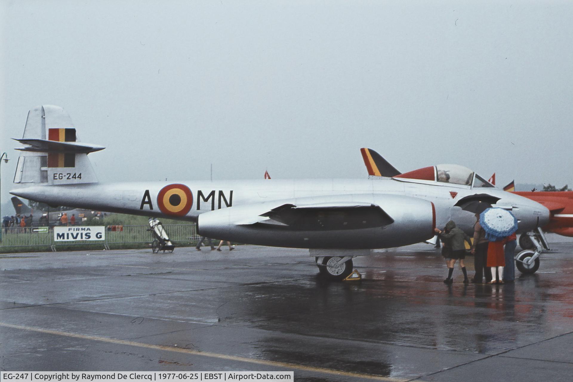 EG-247, 1953 Gloster Meteor F.8 C/N 6522, Before the transfer to the Letecke Muzeum,the aircraft was preserved
by the Belgian Army Museum as a fake EG-244. Seen at the BAF airshow Brustem in 1977.