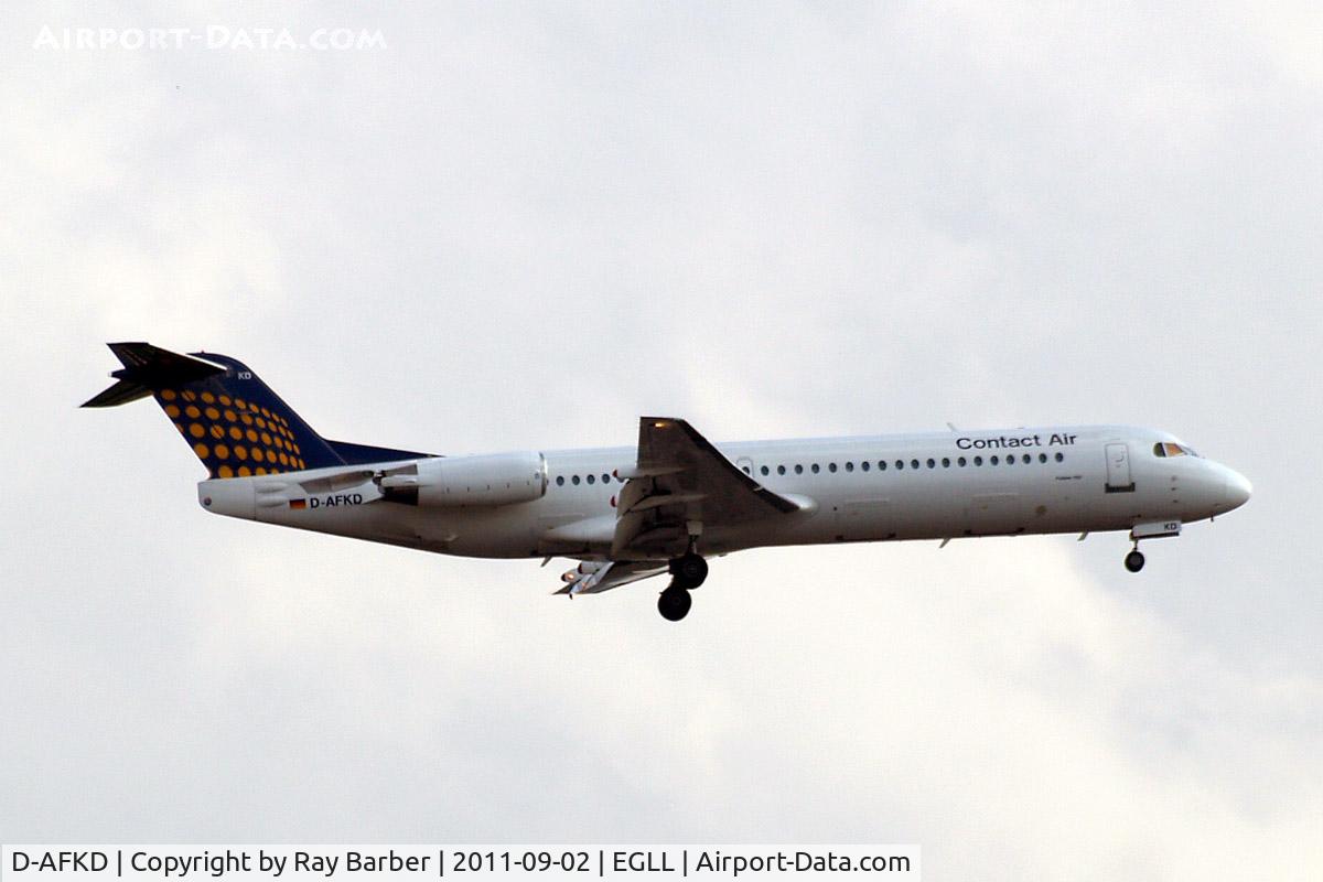 D-AFKD, 1995 Fokker 100 (F-28-0100) C/N 11500, D-AFKD   Fokker F-100 [11500] (Contact Air/Lufthansa Regional) Home~G 02/09/2011. On approach 27L.