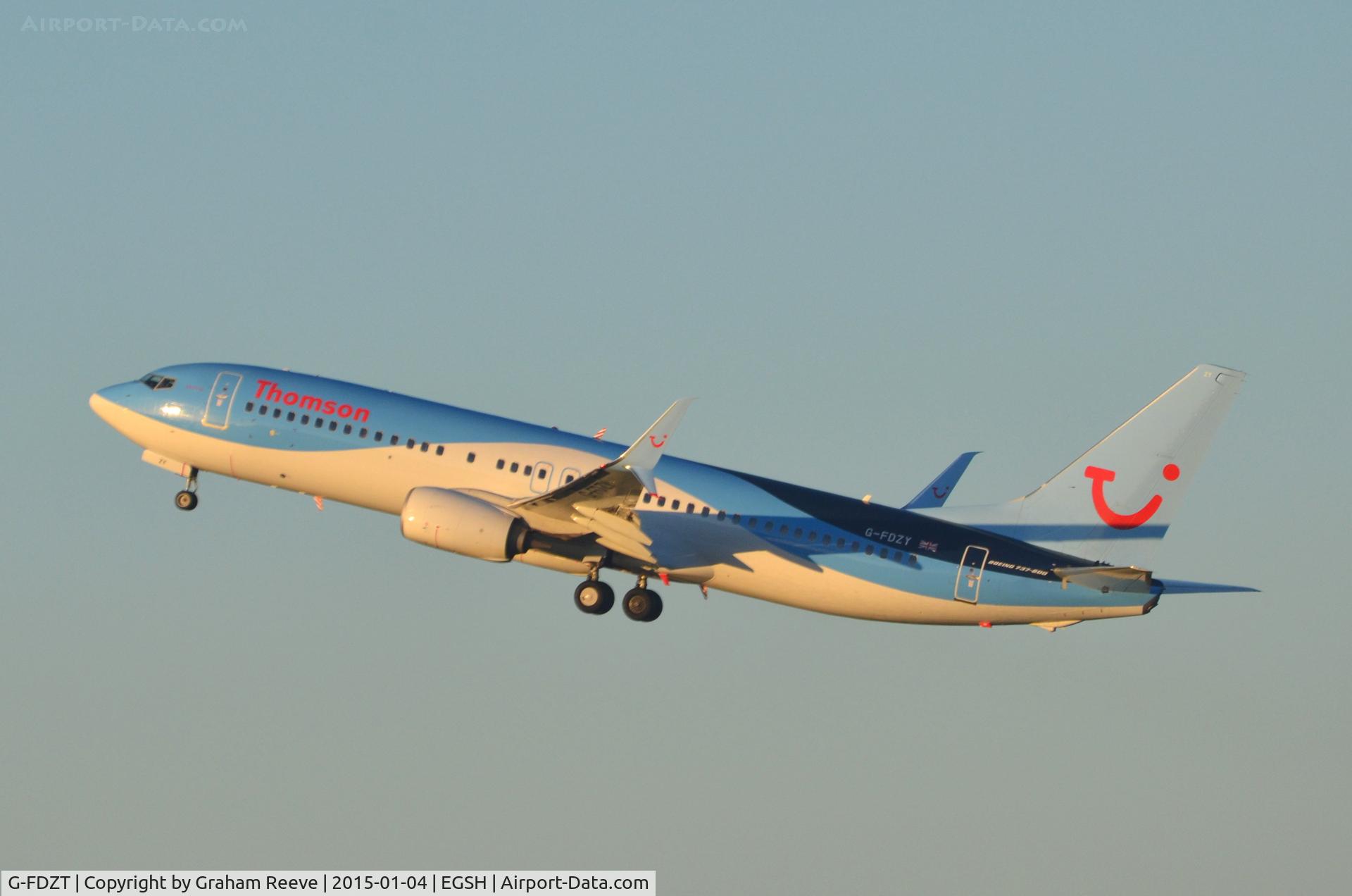 G-FDZT, 2011 Boeing 737-8K5 C/N 37248, Departing from Norwich.