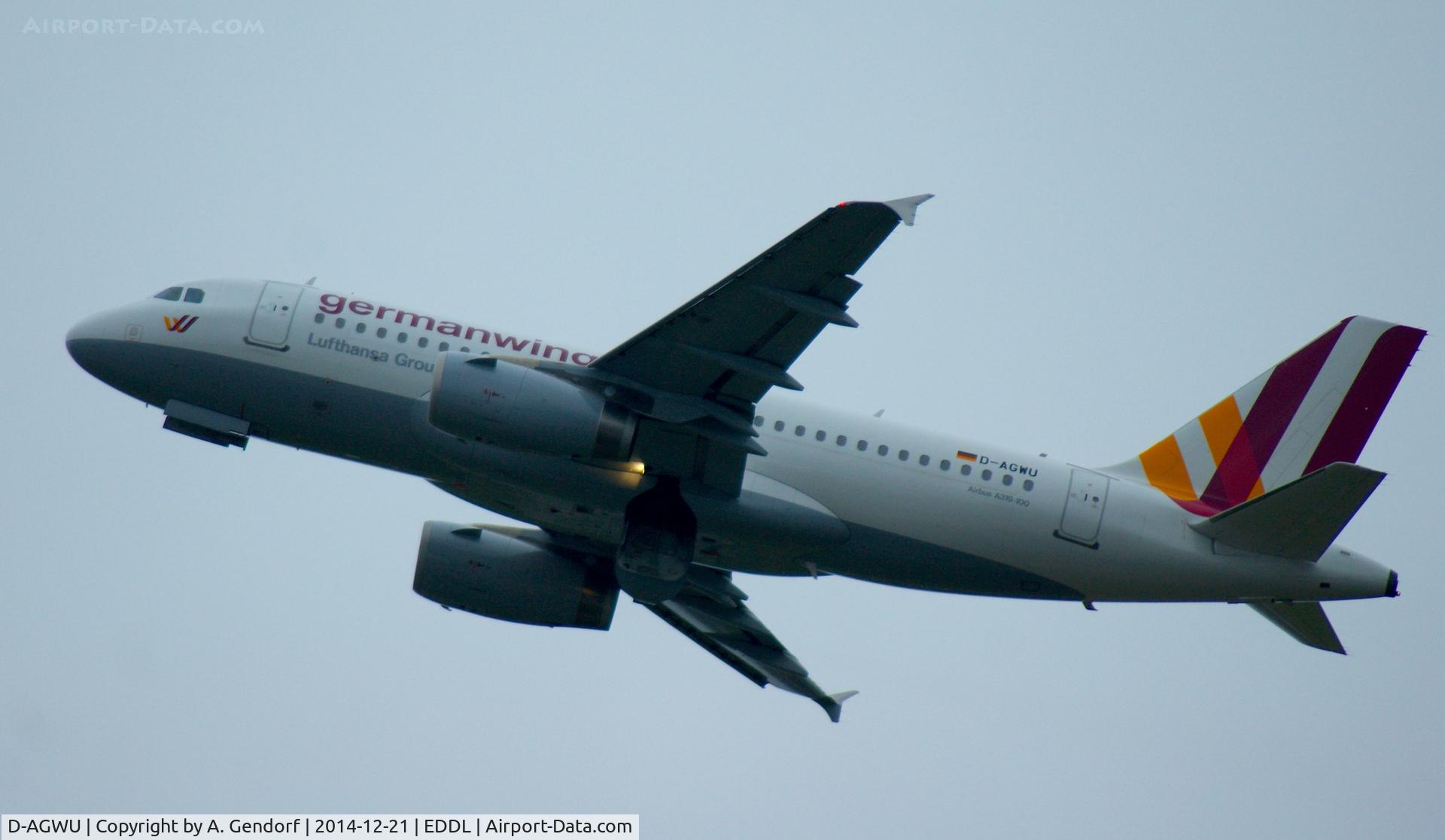 D-AGWU, 2013 Airbus A319-132 C/N 5457, Germanwings, is here climbing out at Düsseldorf Int'l(EDDL)