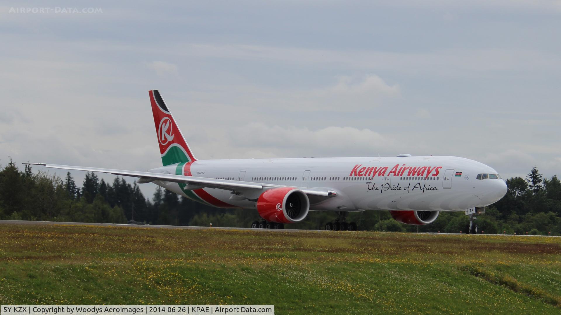 5Y-KZX, 2014 Boeing 777-3U8/ER C/N 42097, Lining up on 34L for a taxi test.