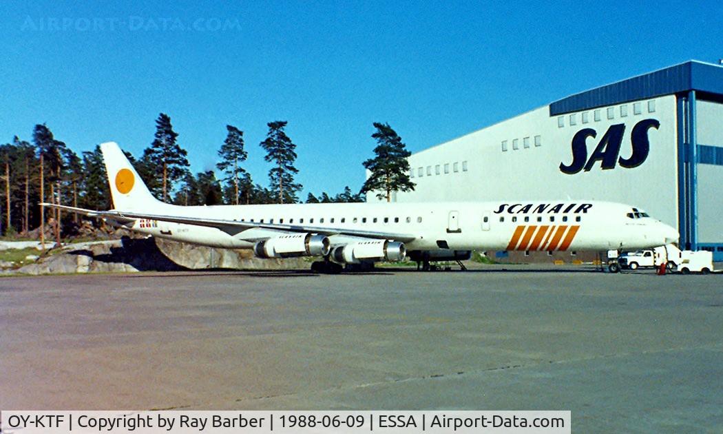 OY-KTF, 1969 Douglas DC-8-63 C/N 46041, Douglas DC-8-63F [46041] (Scanair) Stockholm-Arlanda~SE 09/06/1988. From a slide.