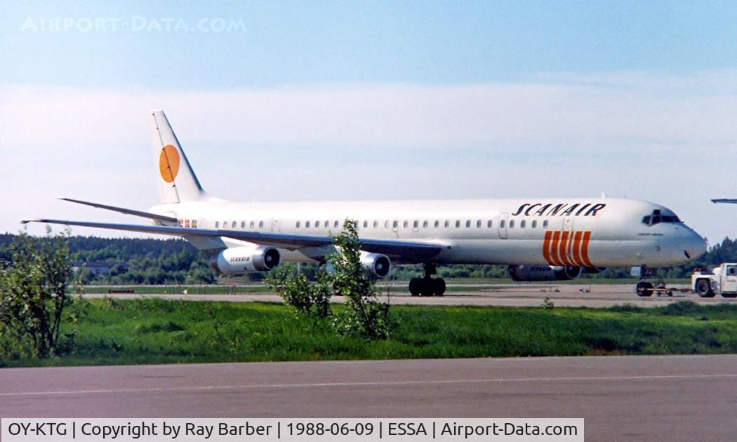 OY-KTG, 1969 Douglas DC-8-63 C/N 46093, Douglas DC-8-63F [46093] (Scanair) Stockholm-Arlanda~SE 09/06/1988. From a slide.