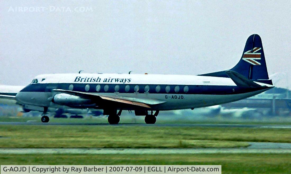 G-AOJD, 1956 Vickers Viscount 802 C/N 153, Vickers 802 Viscount [153] (British Airways) Heathrow~G 1975 .Year approximate. Departing 28L. From a slide.