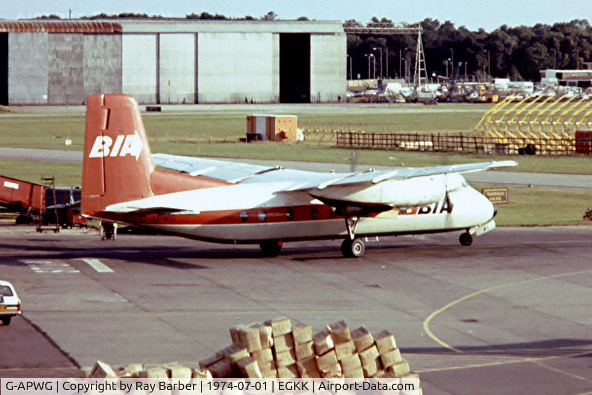 G-APWG, 1962 Handley Page HPR-7 Herald 201 C/N 155, Handley-Page HPR.7 Herald 201 [155] (British Island Airways) Gatwick~G 01/07/1974. Date approximate. From a slide.