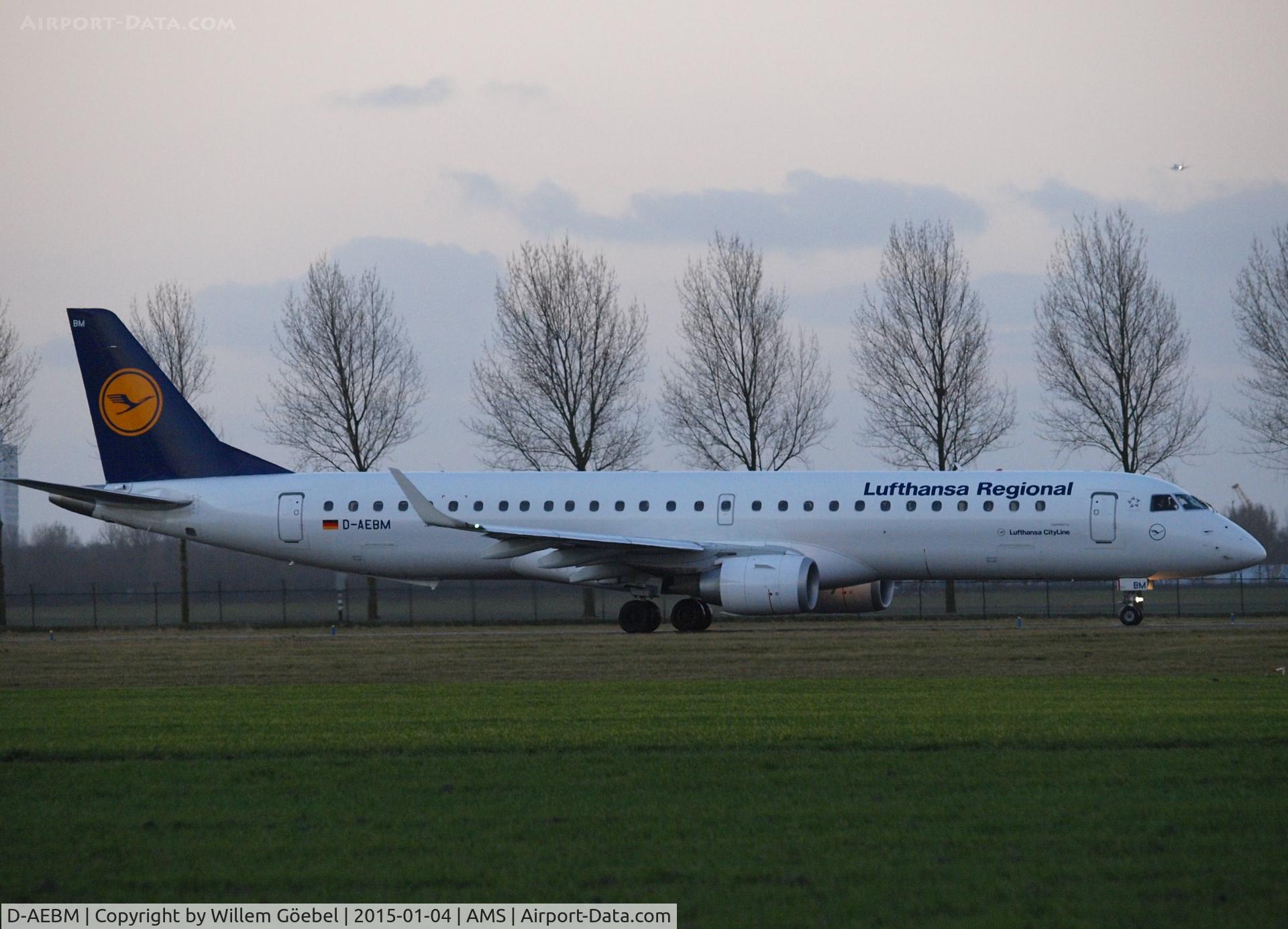 D-AEBM, 2012 Embraer 195LR (ERJ-190-200LR) C/N 19000523, Taxi to runway 36L of Schiphol Airport