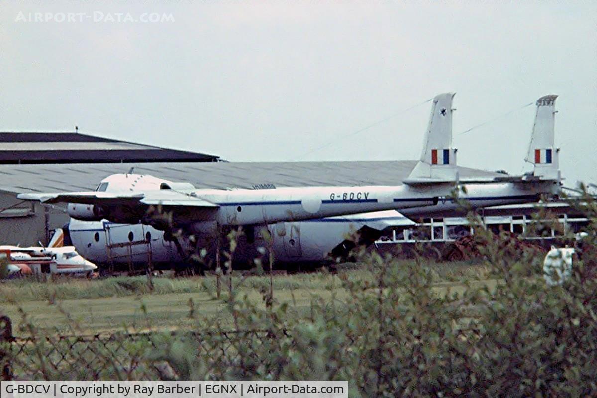 G-BDCV, 1962 Armstrong Whitworth AW660 Argosy C.1 C/N 6767, G-BDCV   Armstrong Whitworth AW.660 Argosy C.1 [6767] (Field Aircraft Services) East Midlands Airport (Castle Donington)~G 08/07/1979. Seen here in poor condition. From a slide.