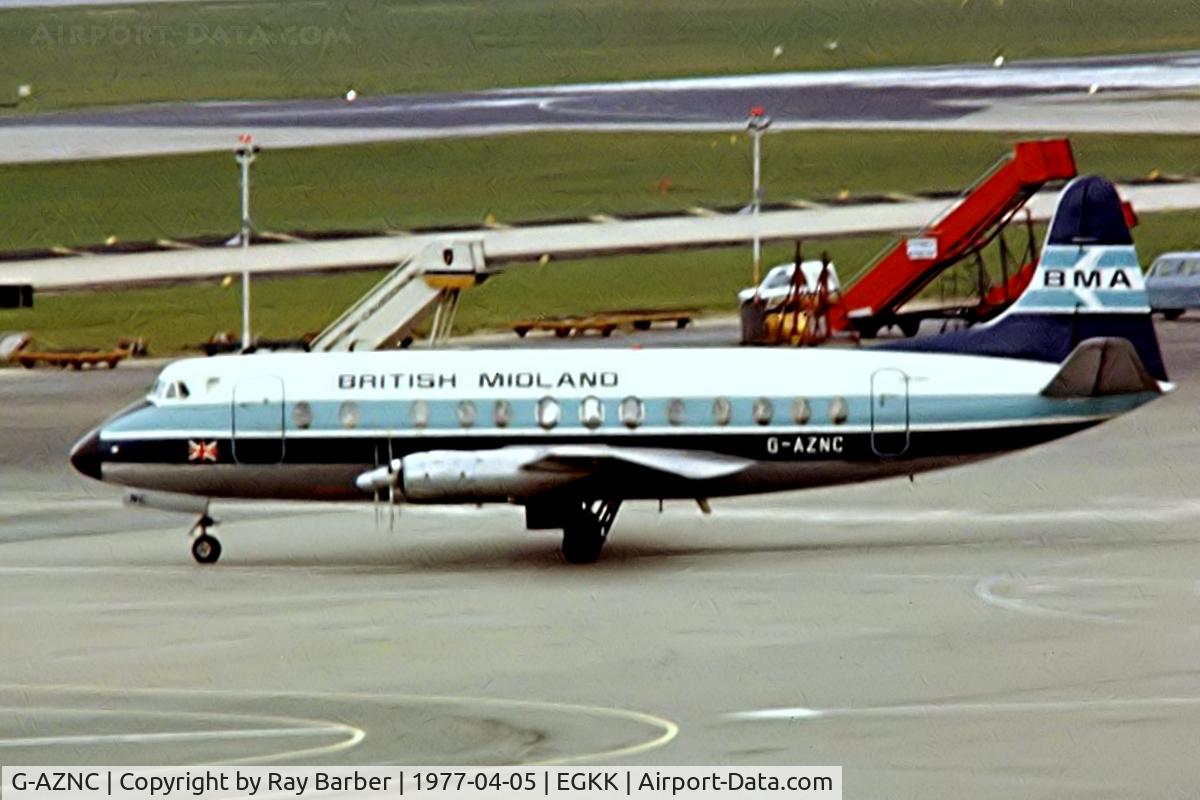 G-AZNC, 1959 Vickers Viscount 813 C/N 352, Vickers 813 Viscount [352] (British Midland Airways) Gatwick~G 05/04/1977. From a slide.