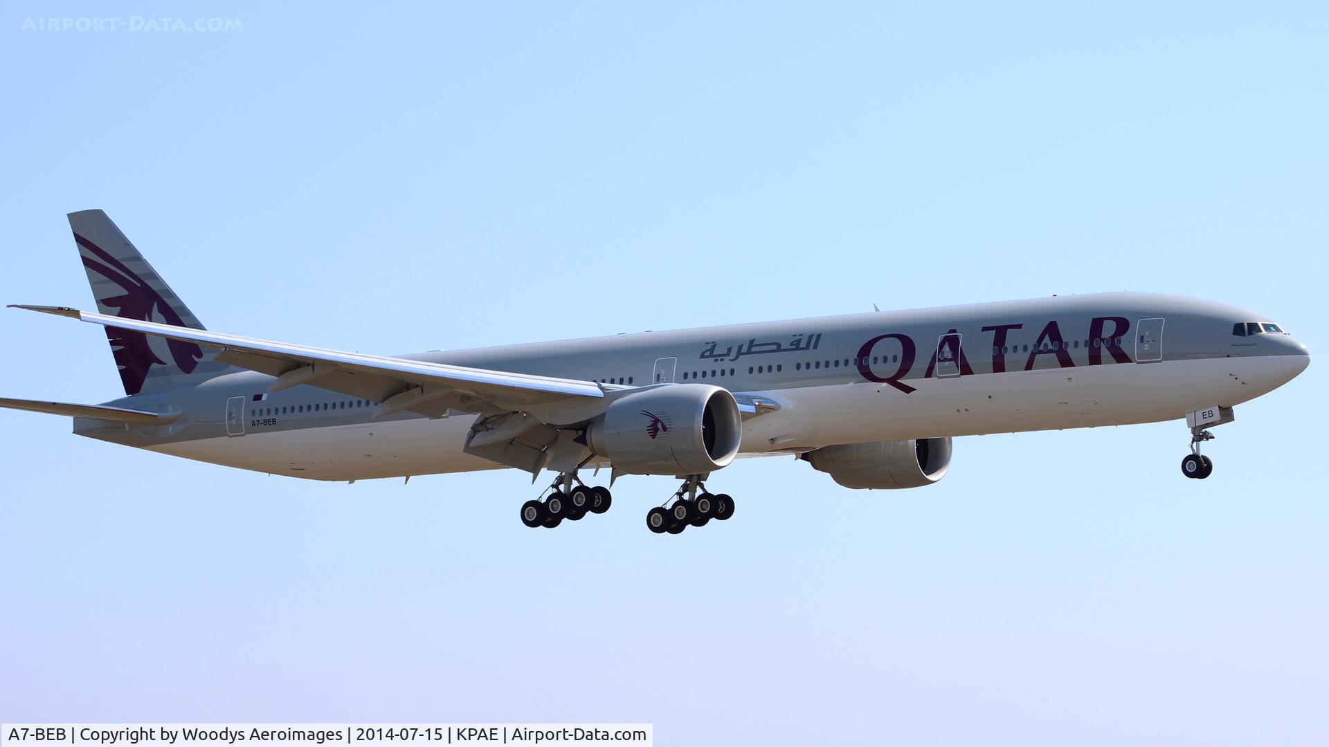 A7-BEB, 2014 Boeing 777-269/ER C/N 43215, Returning from a test flight.