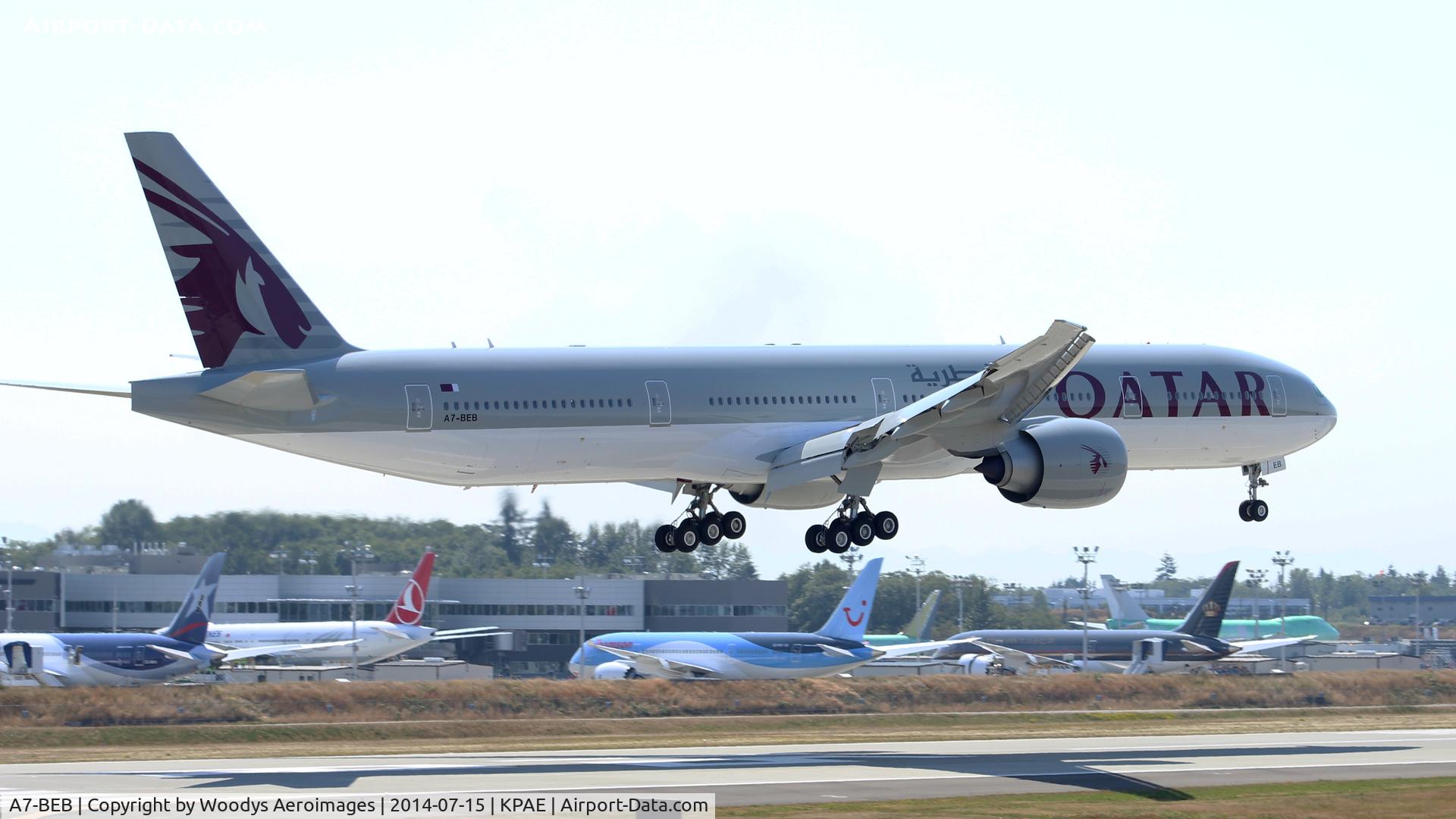 A7-BEB, 2014 Boeing 777-269/ER C/N 43215, Returning from a test flight.