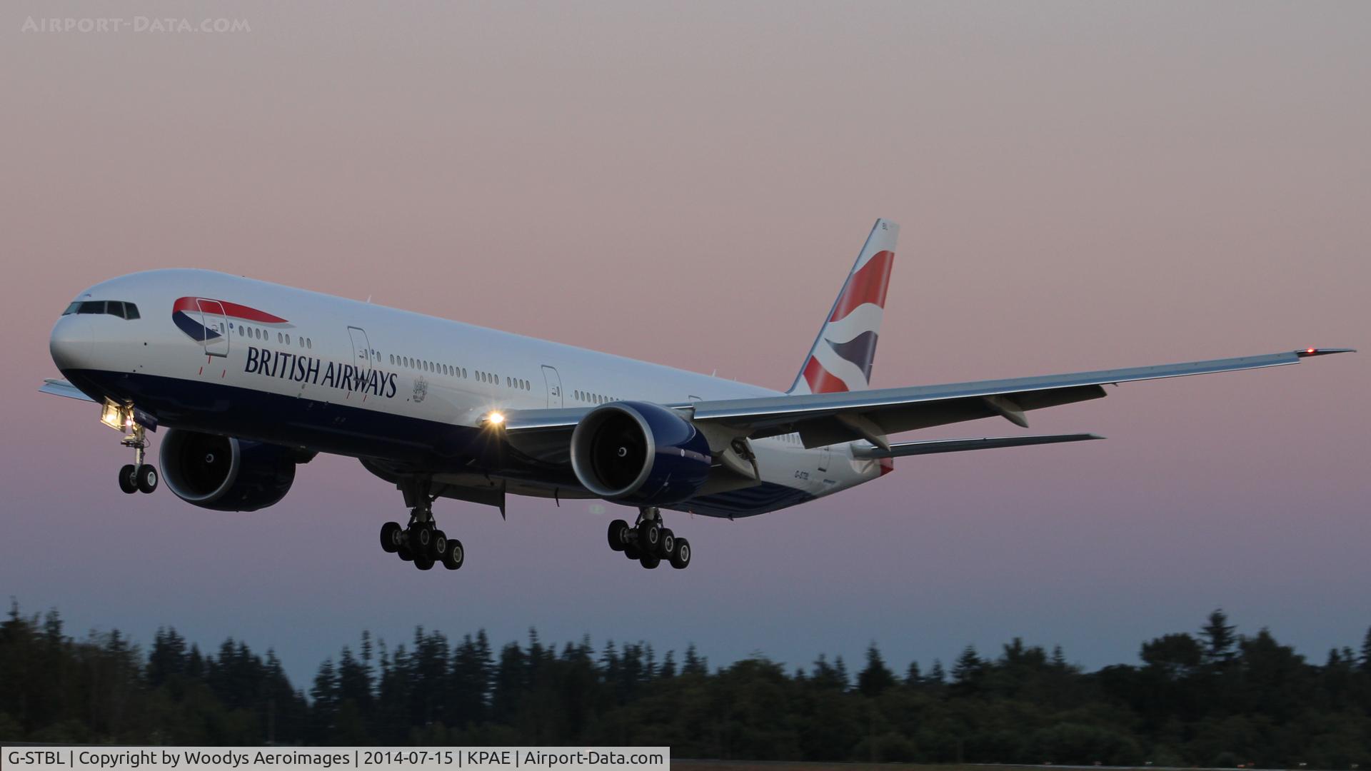 G-STBL, 2014 Boeing 777-336/ER C/N 42124, Arriving on 34L at sunset