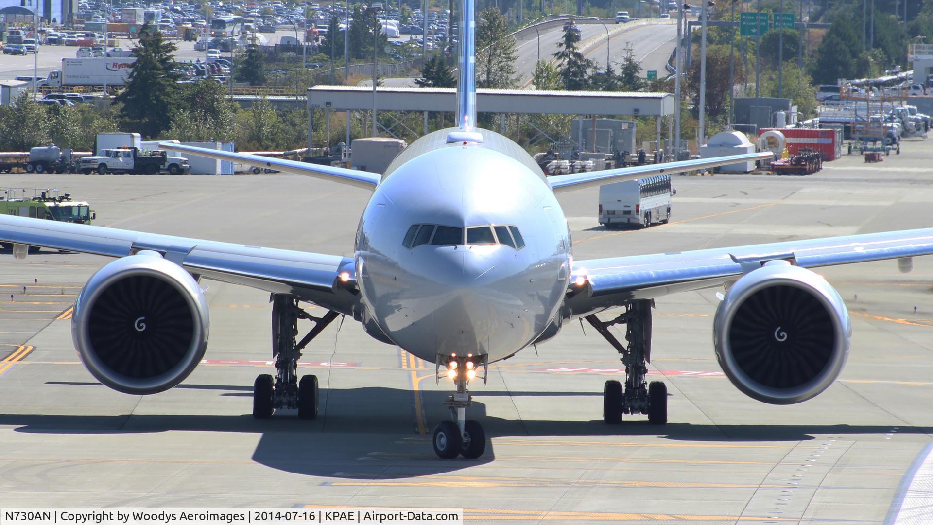 N730AN, 2014 Boeing 777-323/ER C/N 31554, Departing 16R on its delivery flight.