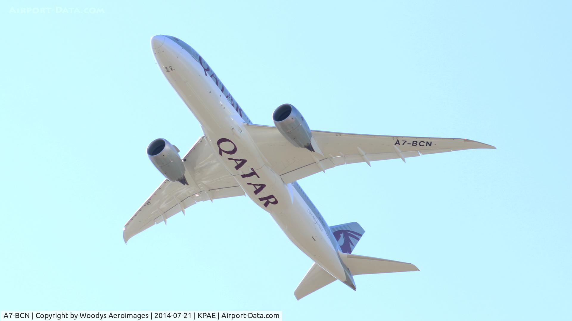 A7-BCN, 2014 Boeing 787-8 Dreamliner C/N 38332, Flying over KPAE