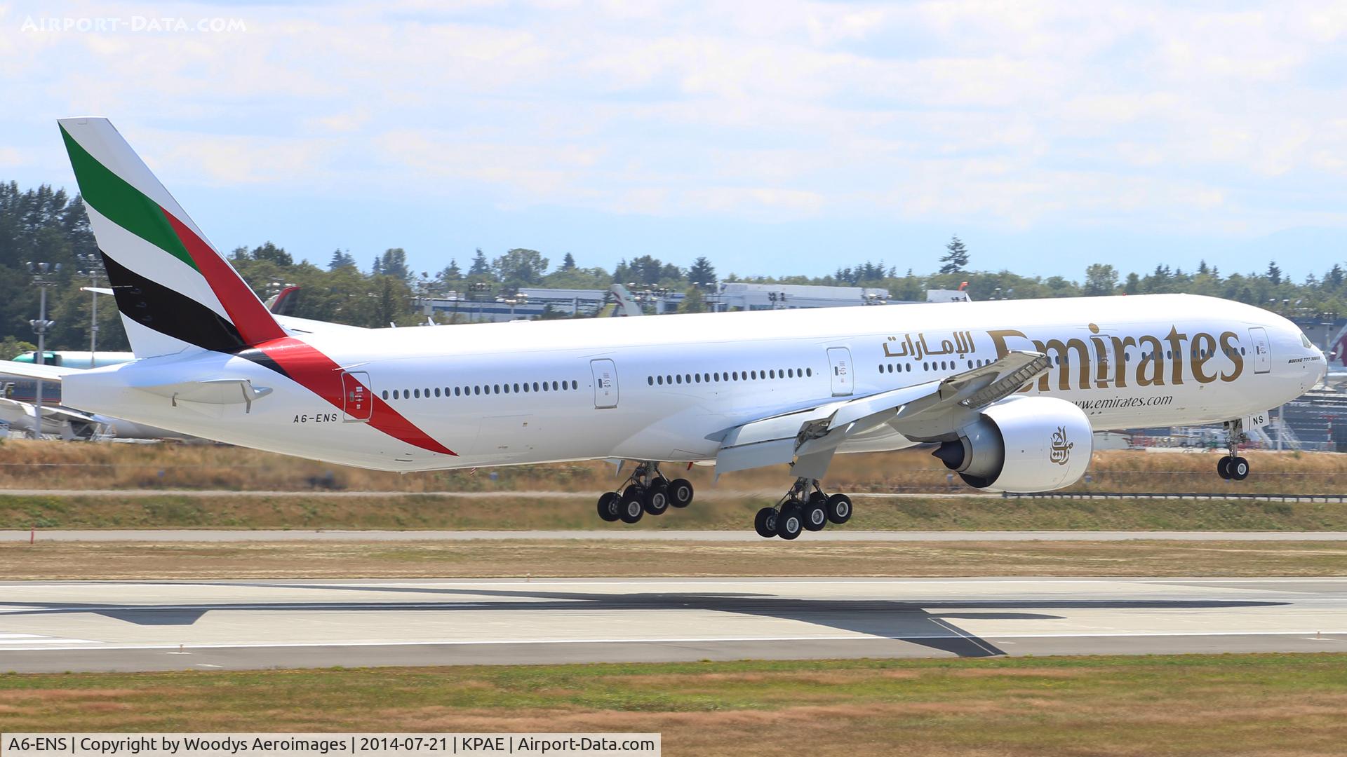 A6-ENS, 2014 Boeing 777-31H/ER C/N 41365, Landing on 16R after a test flight.