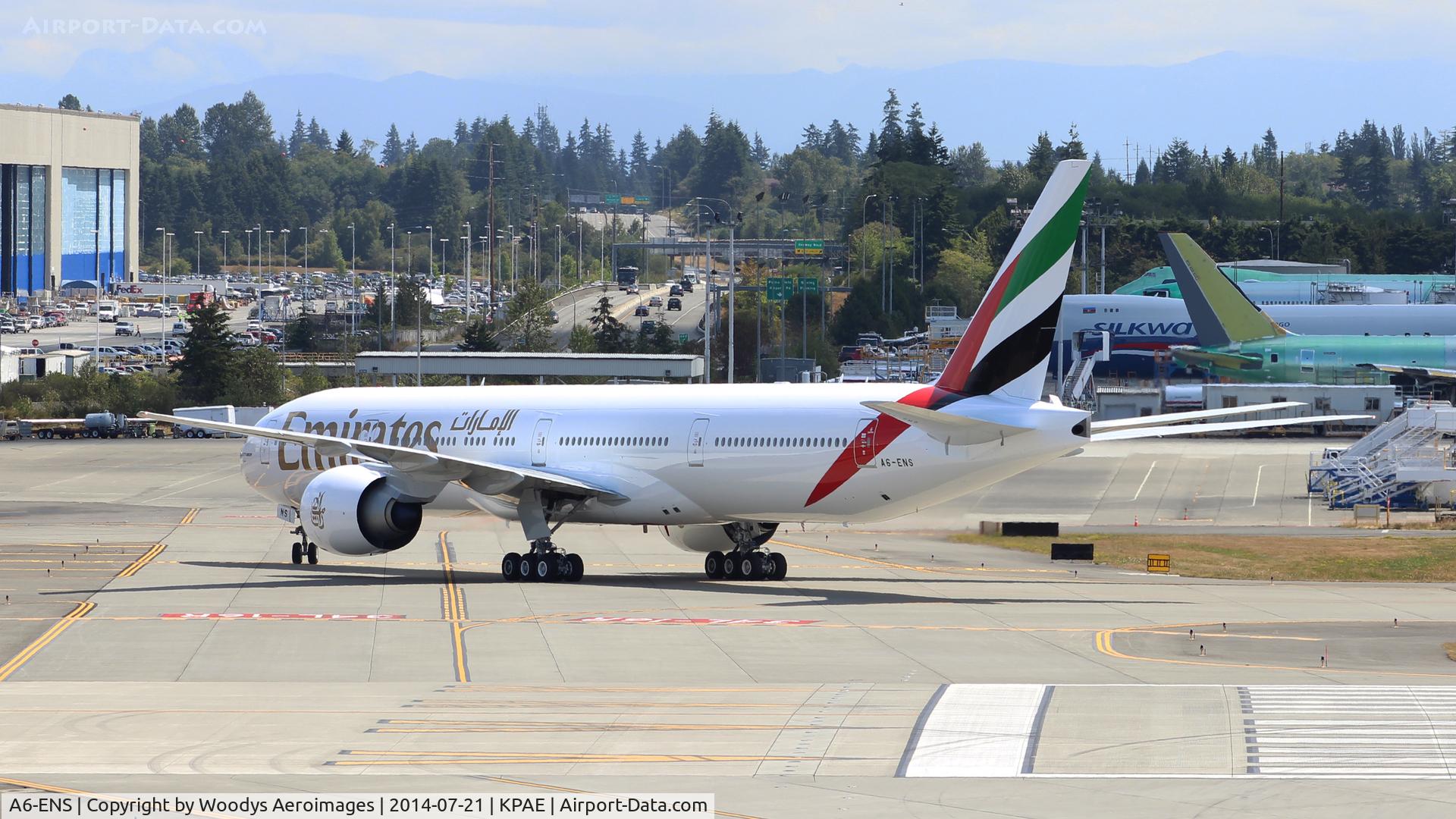 A6-ENS, 2014 Boeing 777-31H/ER C/N 41365, Taxing back to the flight line after a test flight.