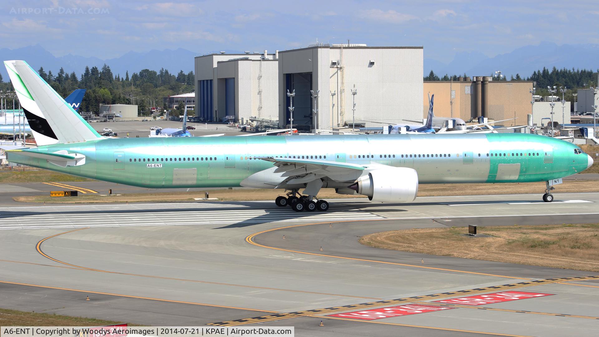 A6-ENT, 2014 Boeing 777-31H/ER C/N 41366, Departing on 16R for a test flight.