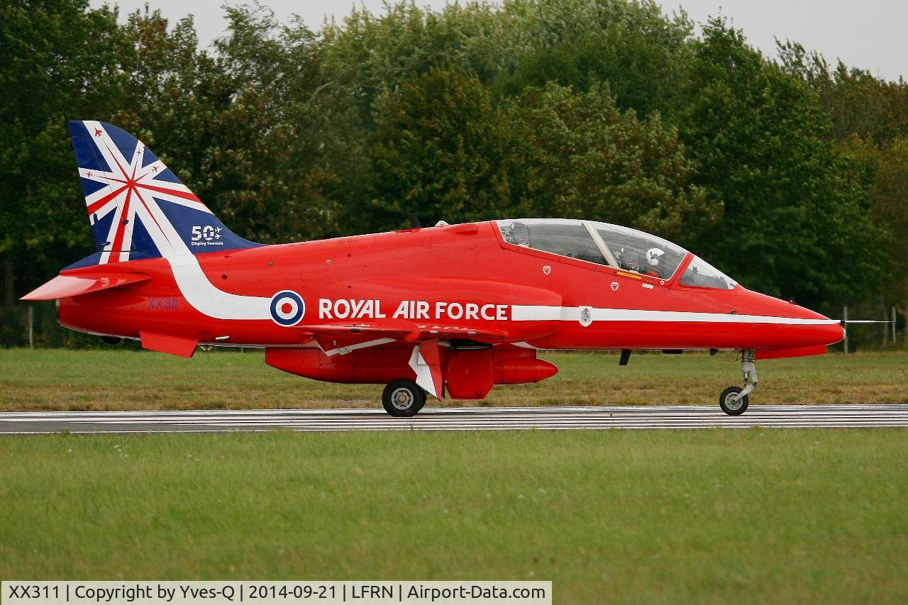 XX311, 1980 Hawker Siddeley Hawk T.1 C/N 147/312136, Royal Air Force Red Arrows Hawker Siddeley Hawk T.1, Taxiing to holding point rwy 10, Rennes-St Jacques airport (LFRN-RNS) Air show 2014