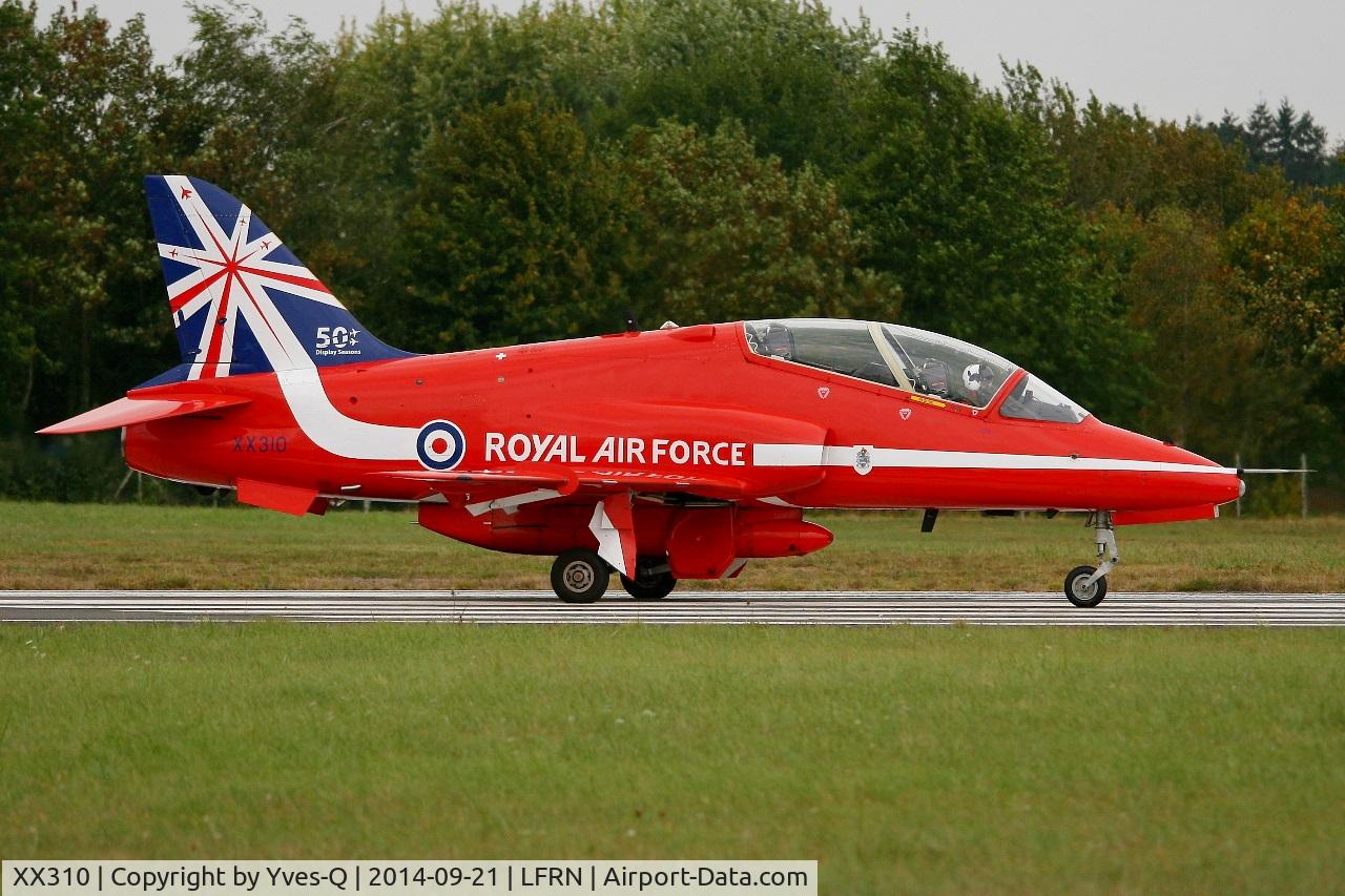 XX310, 1980 Hawker Siddeley Hawk T.1W C/N 145/312135, Royal Air Force Red Arrows Hawker Siddeley Hawk T.1, Taxiing to holding point rwy 10, Rennes-St Jacques airport (LFRN-RNS) Air show 2014