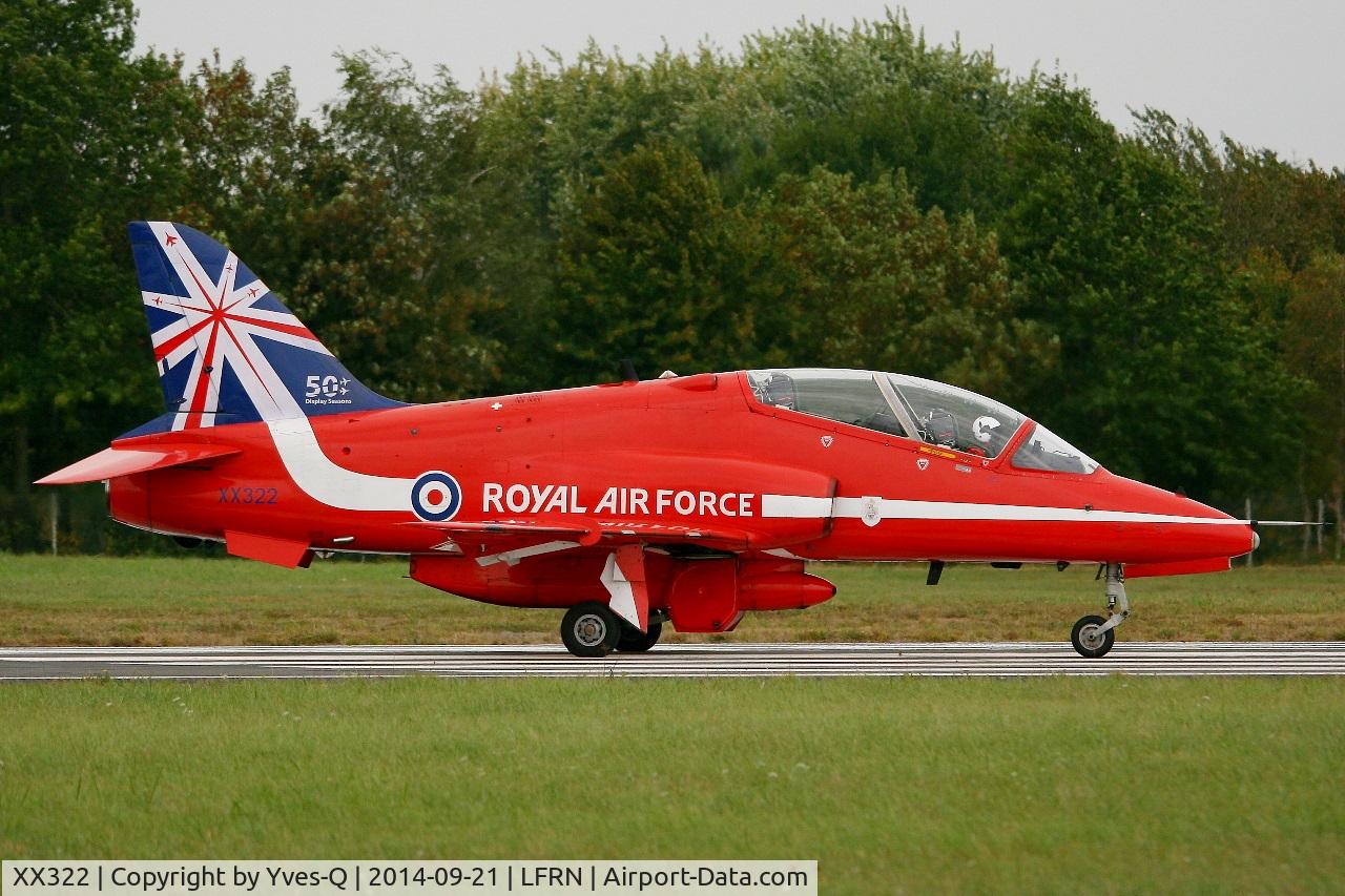 XX322, 1980 Hawker Siddeley Hawk T.1A C/N 165/312147, Royal Air Force Red Arrows Hawker Siddeley Hawk T.1, Taxiing to holding point rwy 10, Rennes-St Jacques airport (LFRN-RNS) Air show 2014