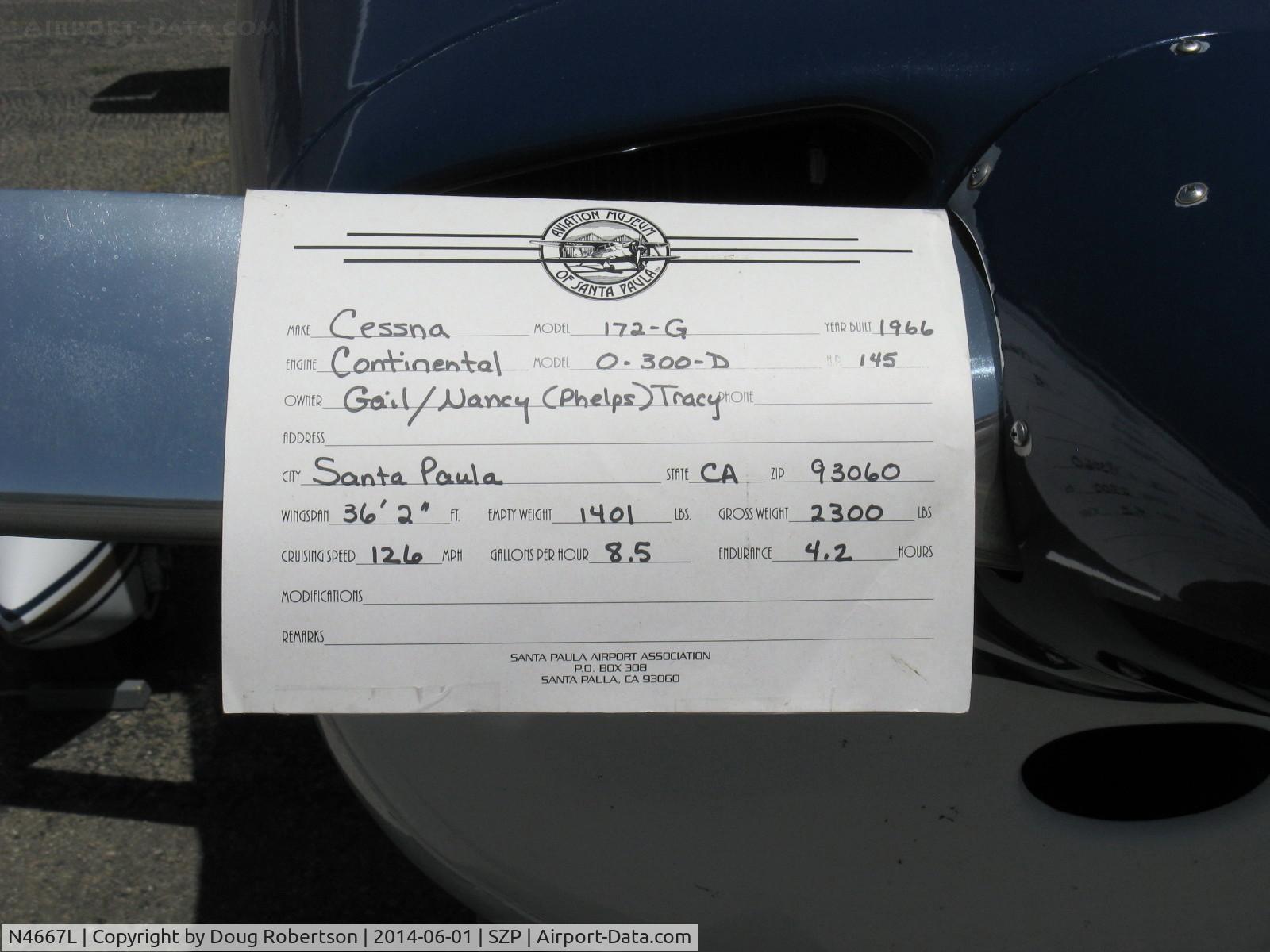N4667L, 1966 Cessna 172G C/N 17254662, 1966 Cessna 172G, Continental O-300-D 145 Hp 6 cylinder, data