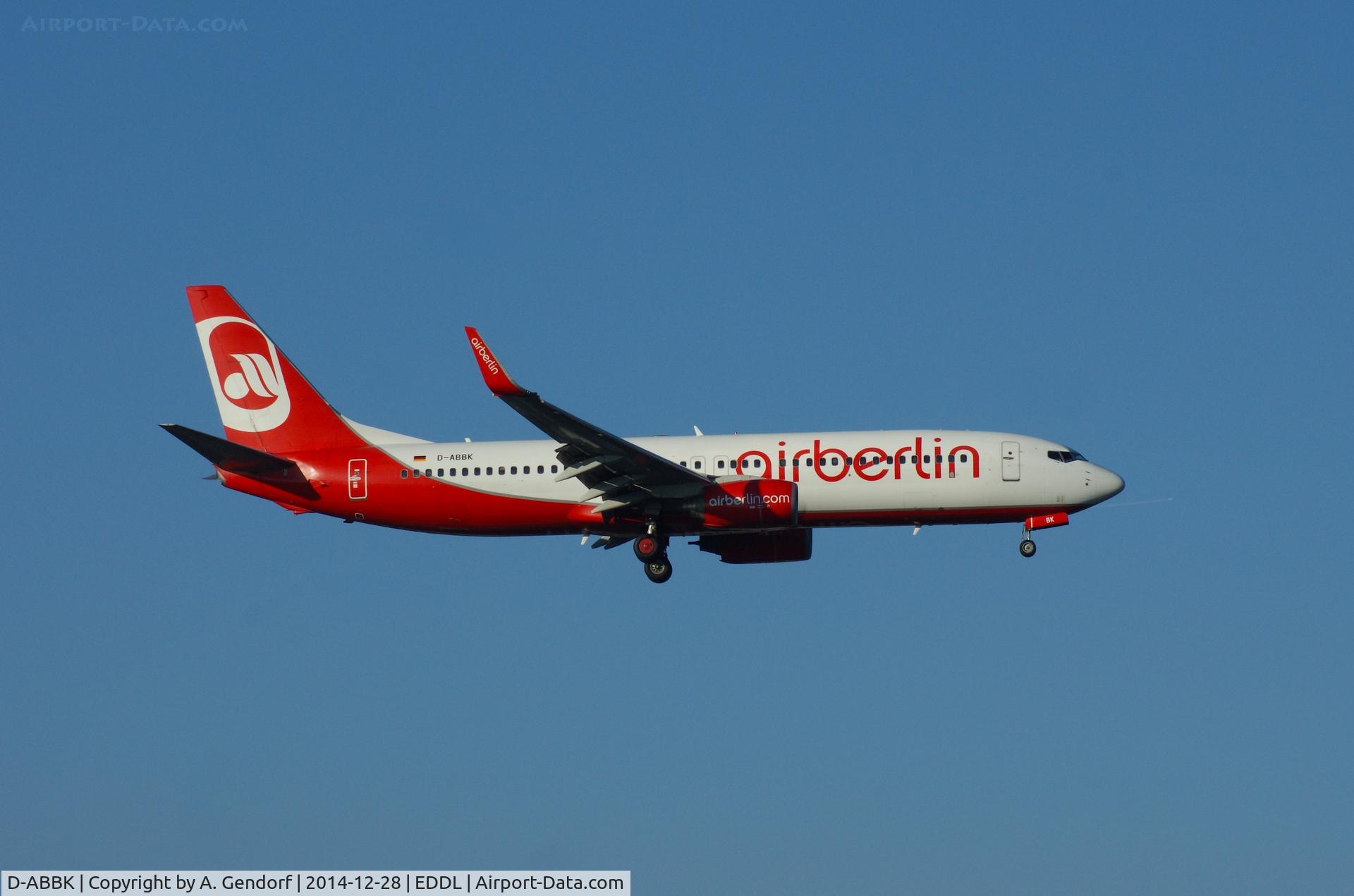 D-ABBK, 2003 Boeing 737-8BK C/N 33013, Air Berlin, is here on short final RWY 05R at Düsseldorf Int'l(EDDL)