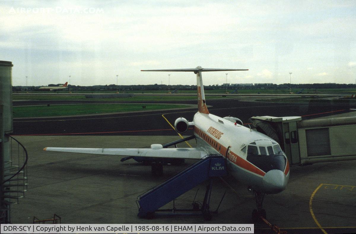 DDR-SCY, Tupolev Tu-134A C/N 60495, Tu-134A of East-Germany's Interflug at the peer at Schiphol airport, the Netherlands