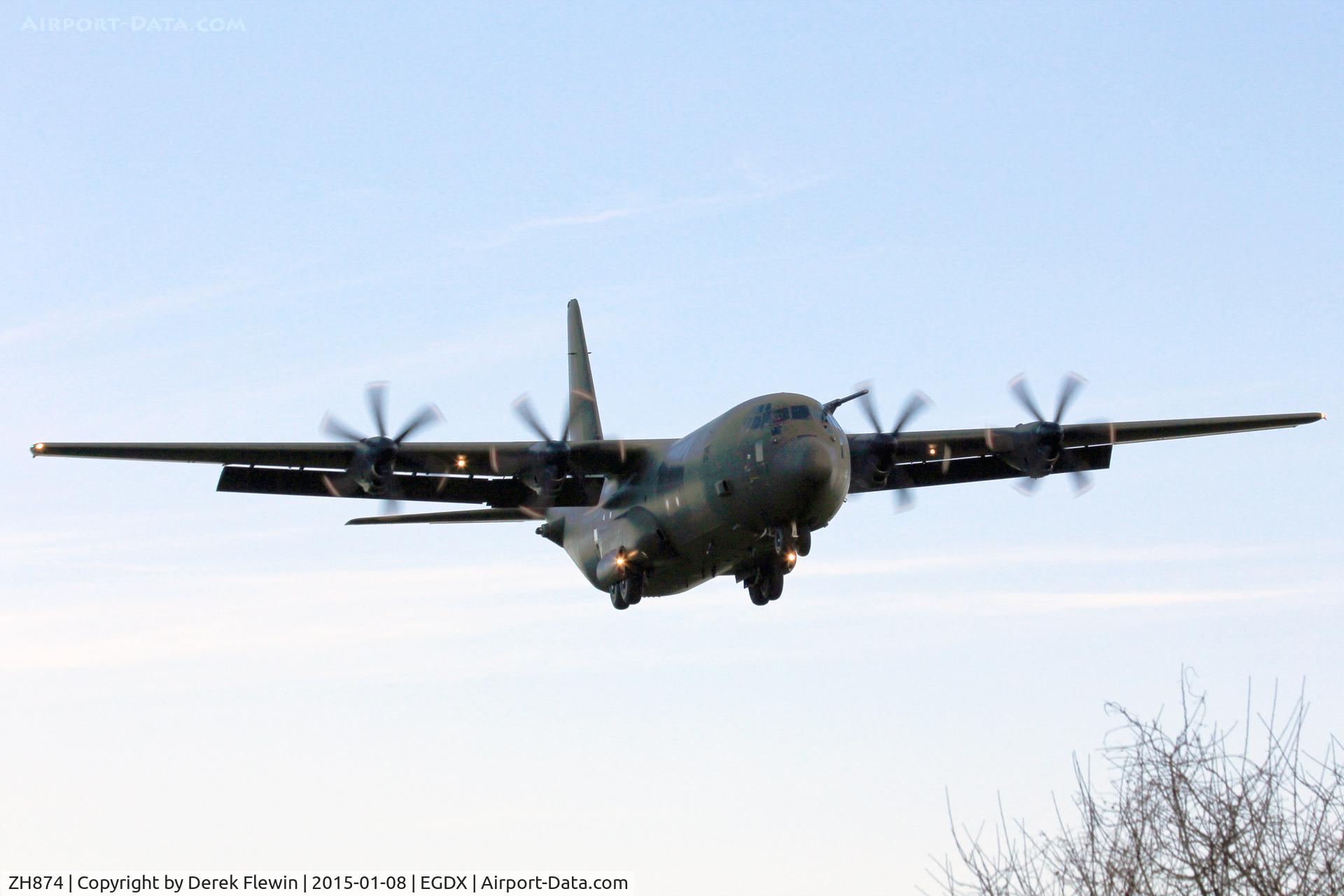 ZH874, 1997 Lockheed Martin C-130J-30 Hercules C.4 C/N 382-5458, C-130J-30 Hercules C.4, RAF Brize Norton based, callsign Judgement Flight, previously N41030, short finals for runway 26 at EGDX.