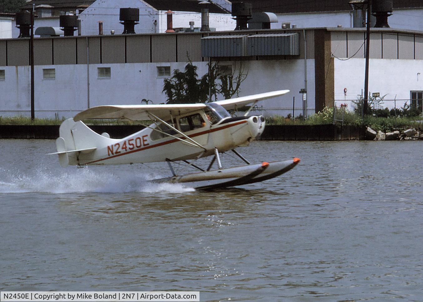 N2450E, 1946 Aeronca S7CCM C/N 7AC-6030, The plane in which I got my seaplane rating, a 1946 Aeronca S7CCM, N2450E taking off, Little Ferry Sea Plane Base, 1972.