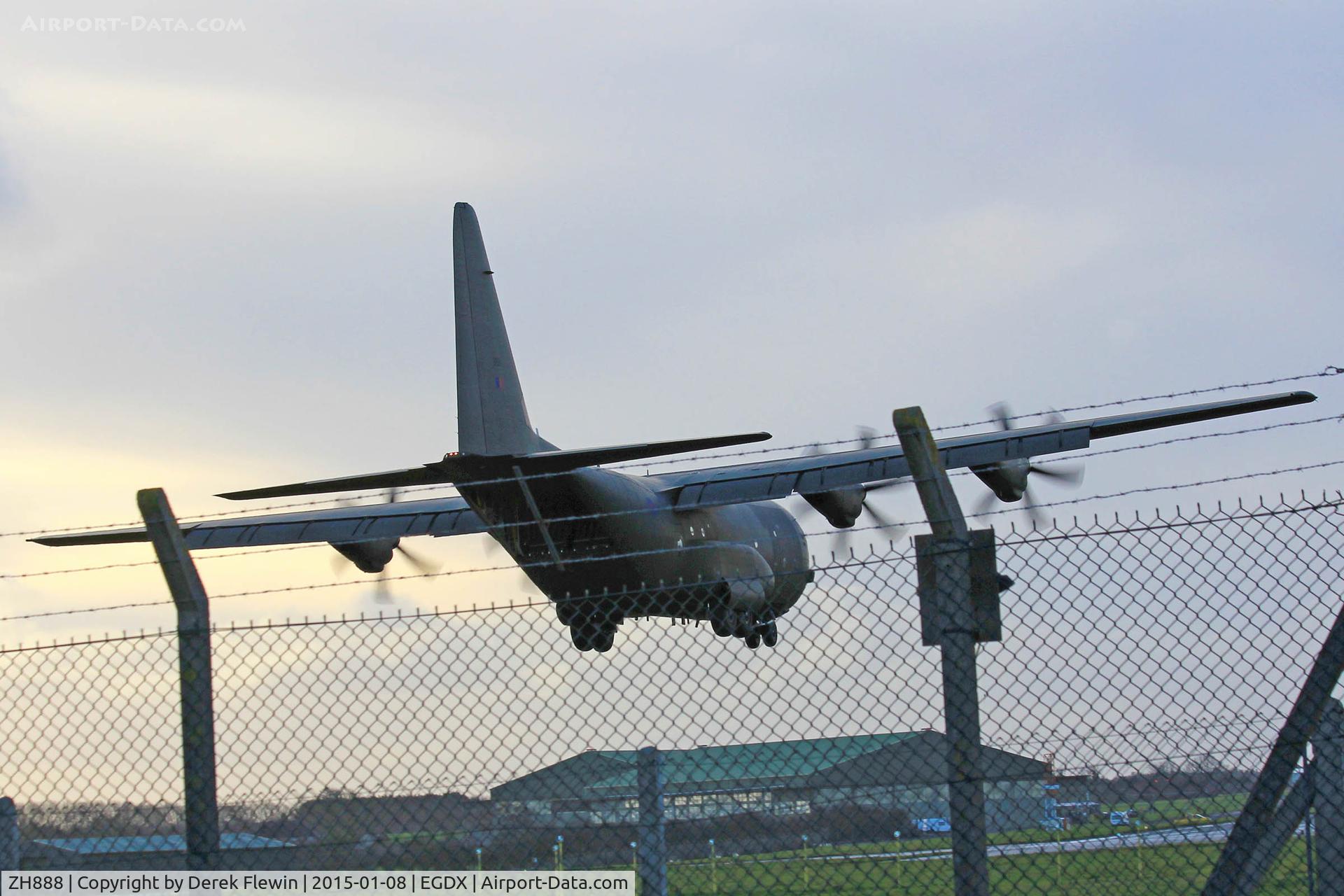 ZH888, 2000 Lockheed Martin C-130J Hercules C.5 C/N 382-5496, C-130J  Hercules C.5, RAF Brize Norton based, callsign Judgement Flight, previously N4187,  just over the wire for runway 26 at EGDX.