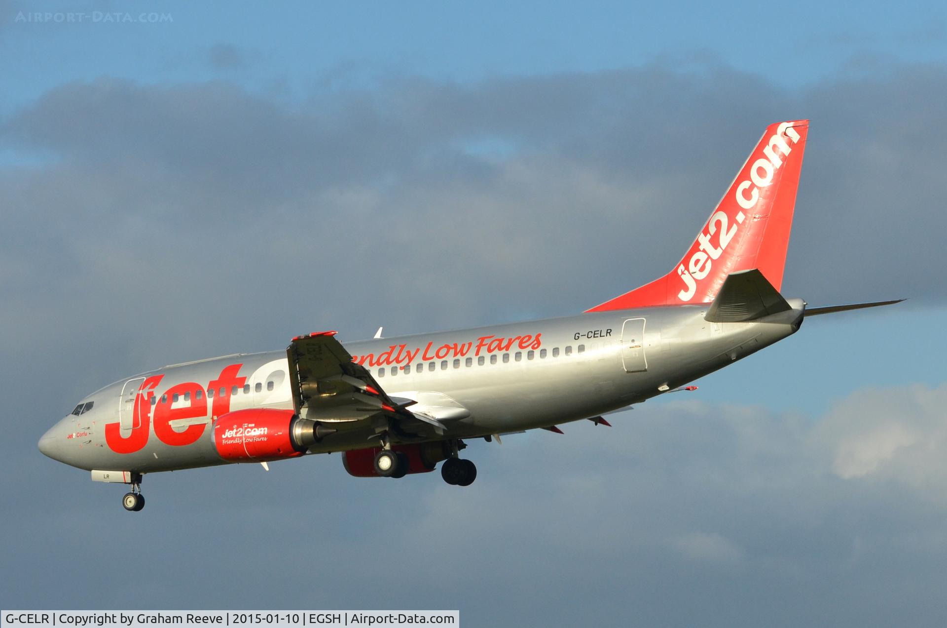 G-CELR, 1986 Boeing 737-330(QC) C/N 23523, About to land at Norwich.