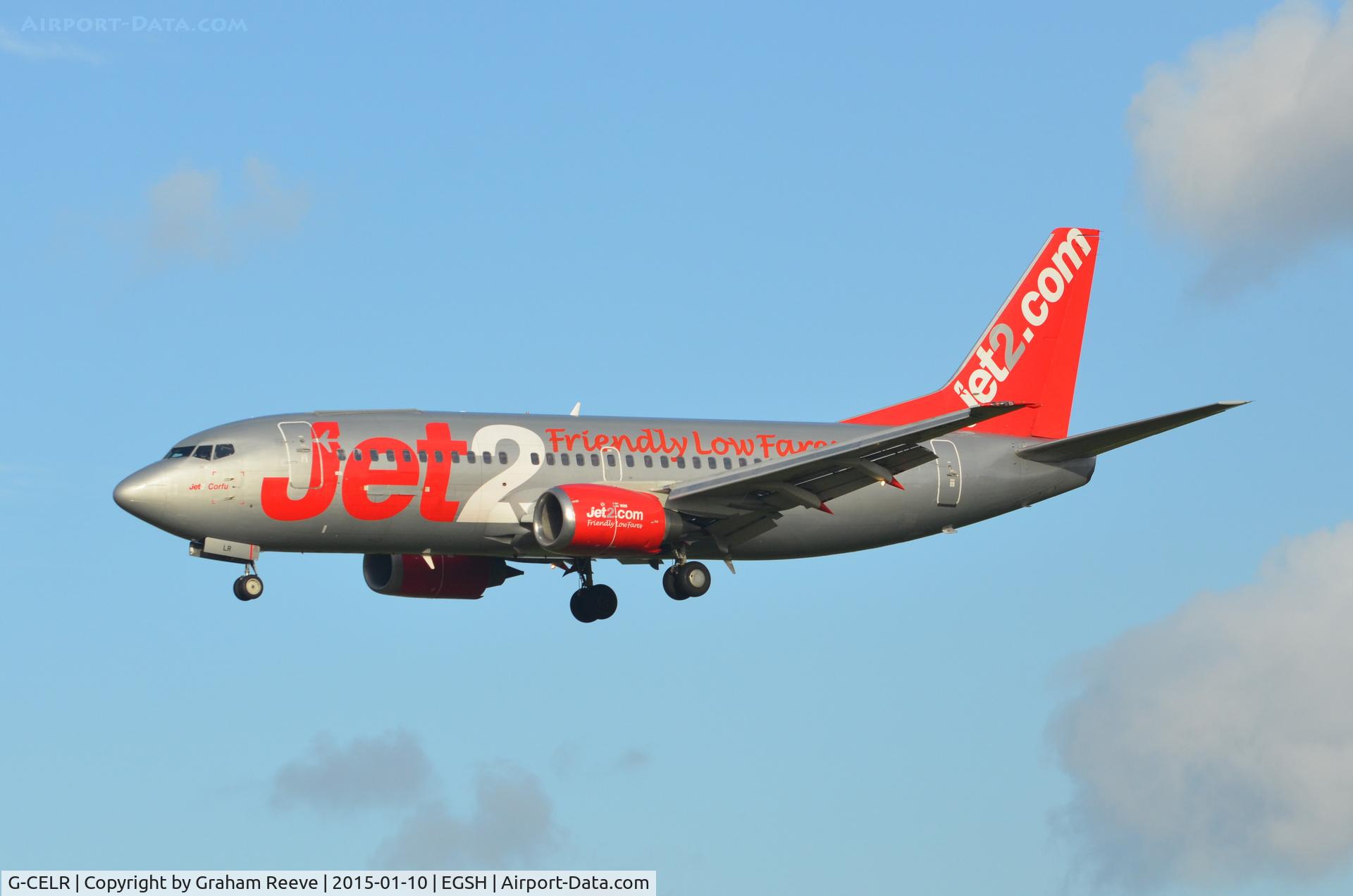 G-CELR, 1986 Boeing 737-330(QC) C/N 23523, About to land at Norwich.