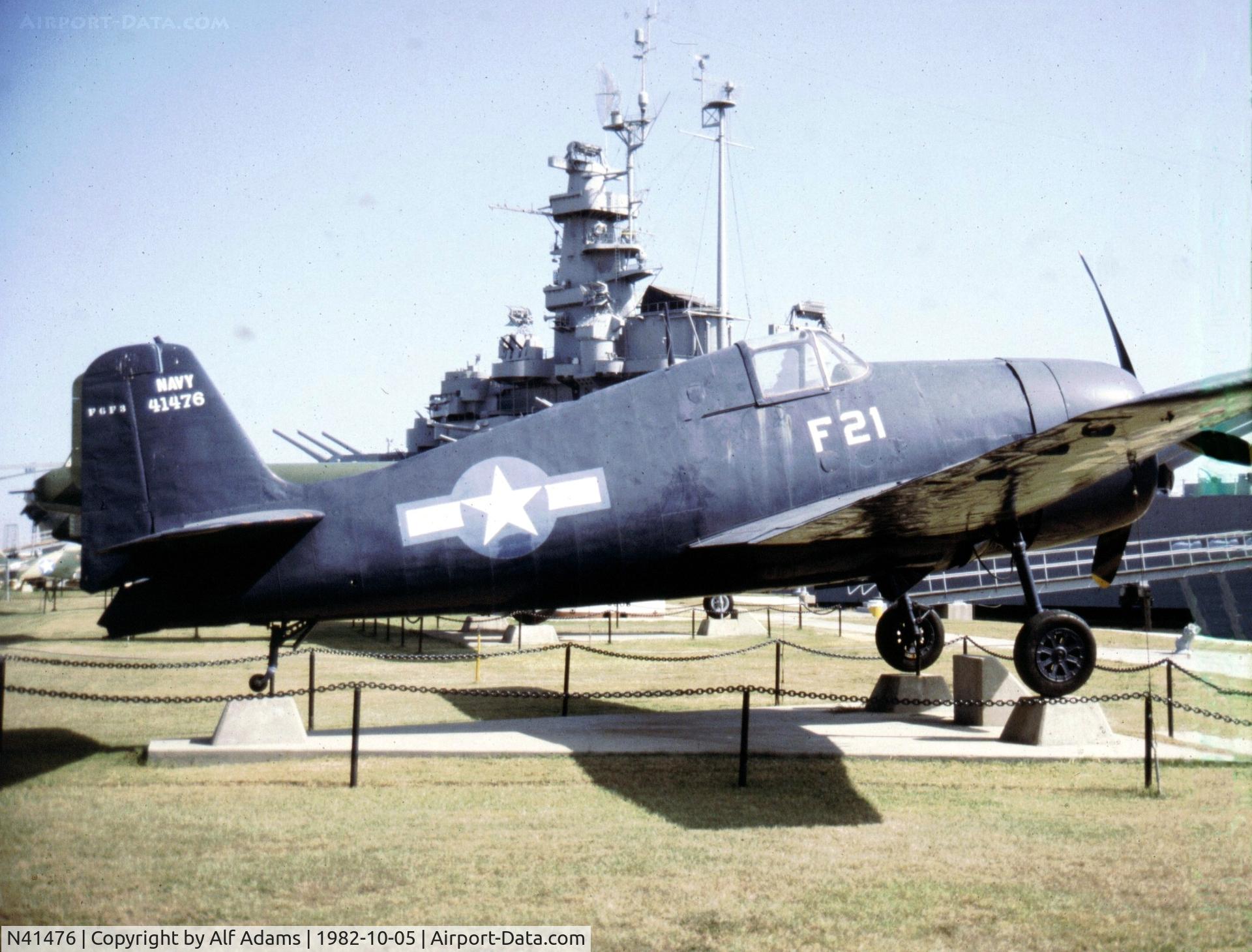N41476, 1971 Grumman F6F-3 Hellcat C/N 2742, Photo shows 41476 when it was on display at Battleship Park, Mobile, Alabama in October 1982.