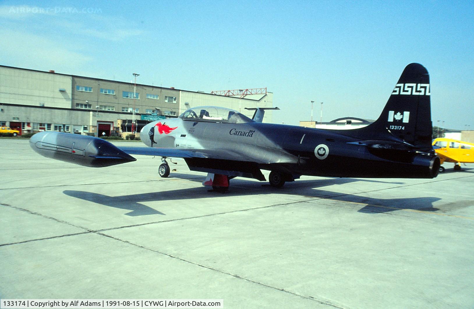 133174, Canadair CT-133 Silver Star C/N T33-174, Photo shows 133174 stopping for fuel at CFB Winnipeg in Aug 1991. At the time, the aircraft carried a commemorative paint pattern.
