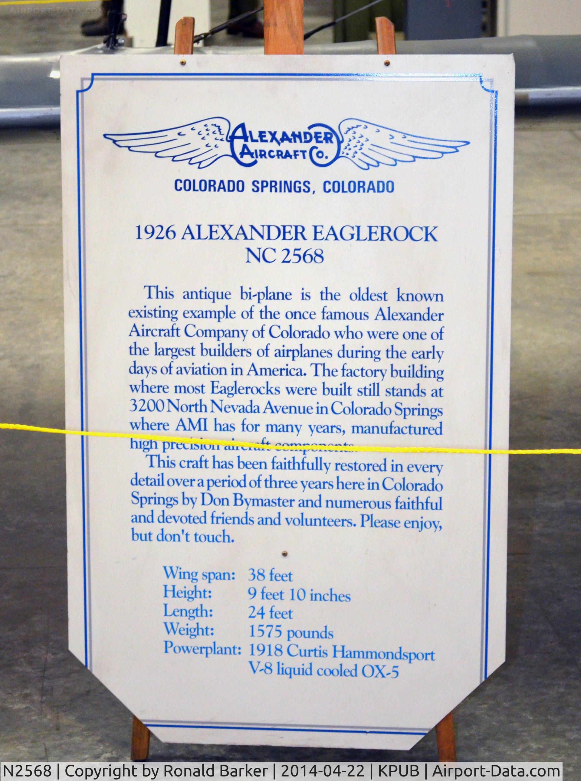 N2568, 1926 Alexander Long Wing Eaglerock C/N 122, Weisbrod Aircraft Museum