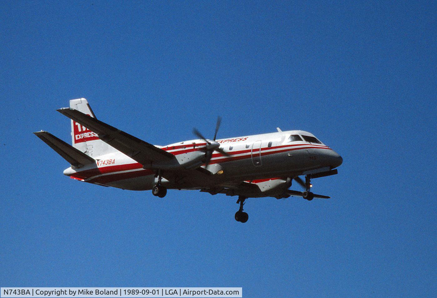 N743BA, 1987 Saab 340A C/N 340A-093, Trans World Express Saab 340 N743BA at LGA, Sept 1989. The 'BA' stood for 'Brockway Air' to which it was delivered in 1987. Now apparently scrapped.