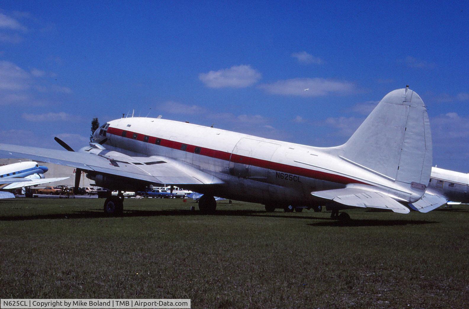 N625CL, 1942 Curtiss C-46C Commando C/N 33254, Weeks Air Museum (now Wings over Miami), Tamiami Airport, Curtiss C-46 Commando, N625CL in April 1990. I believe the aircraft was destroyed by Hurricane Andrew in 1992.