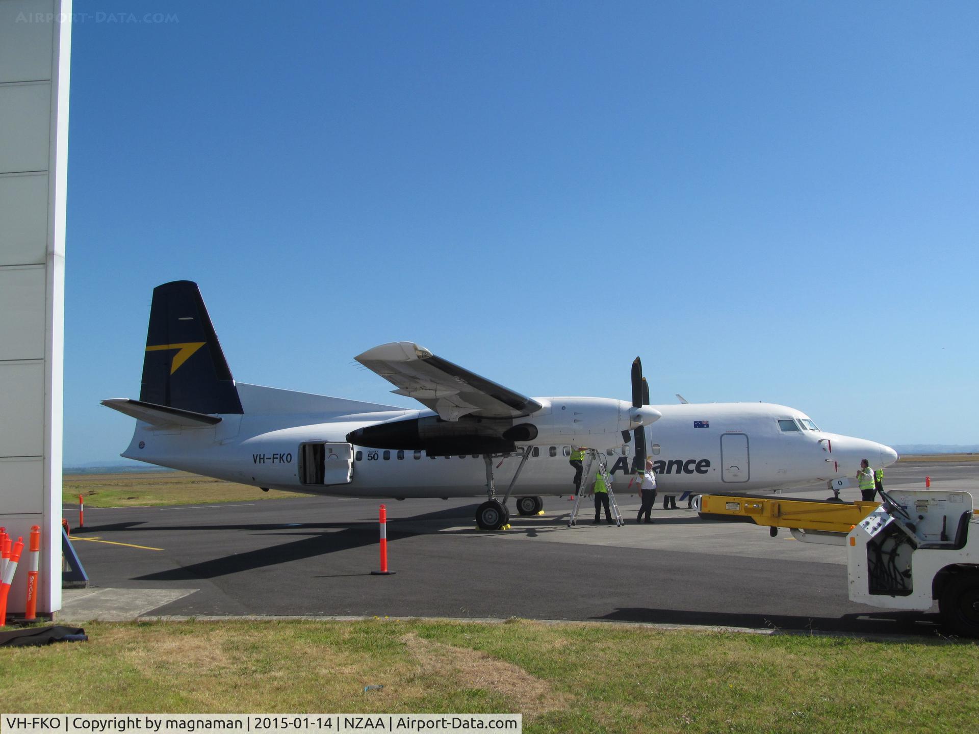 VH-FKO, 1989 Fokker 50 C/N 20160, on stand having completed trial flights ready now to undertake charter flight for Tauck Tours