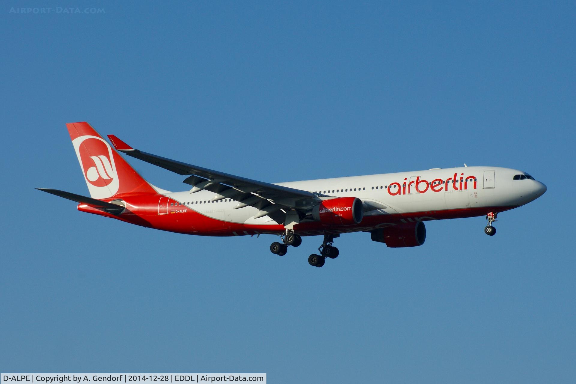 D-ALPE, 2002 Airbus A330-223 C/N 469, Air Berlin, is here on short finals at Düsseldorf Int'l(EDDL), completing the flight from Abu Dhabi(OMAA)