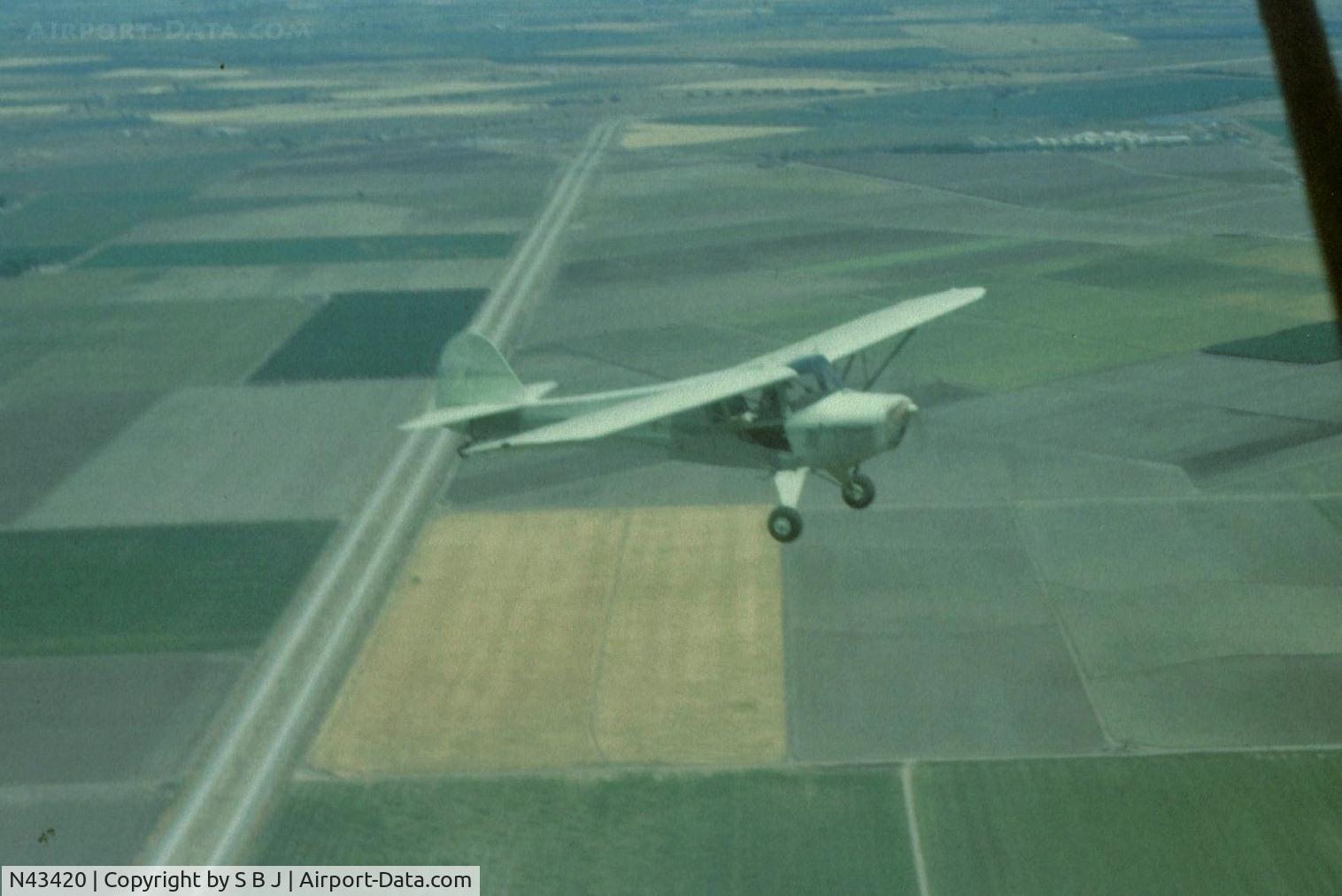 N43420, 1946 Taylorcraft BC12-D C/N 7079, 420 in flight over I5 near Tracy,Ca.
