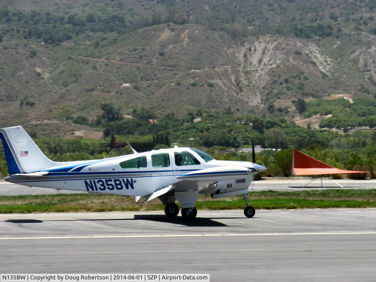 N135BW, 1984 Beech F33A Bonanza C/N CE-1044, 1984 Beech F33A BONANZA, Continental IO-520-B 285 Hp, tip tanks, flaps landing roll Rwy 22